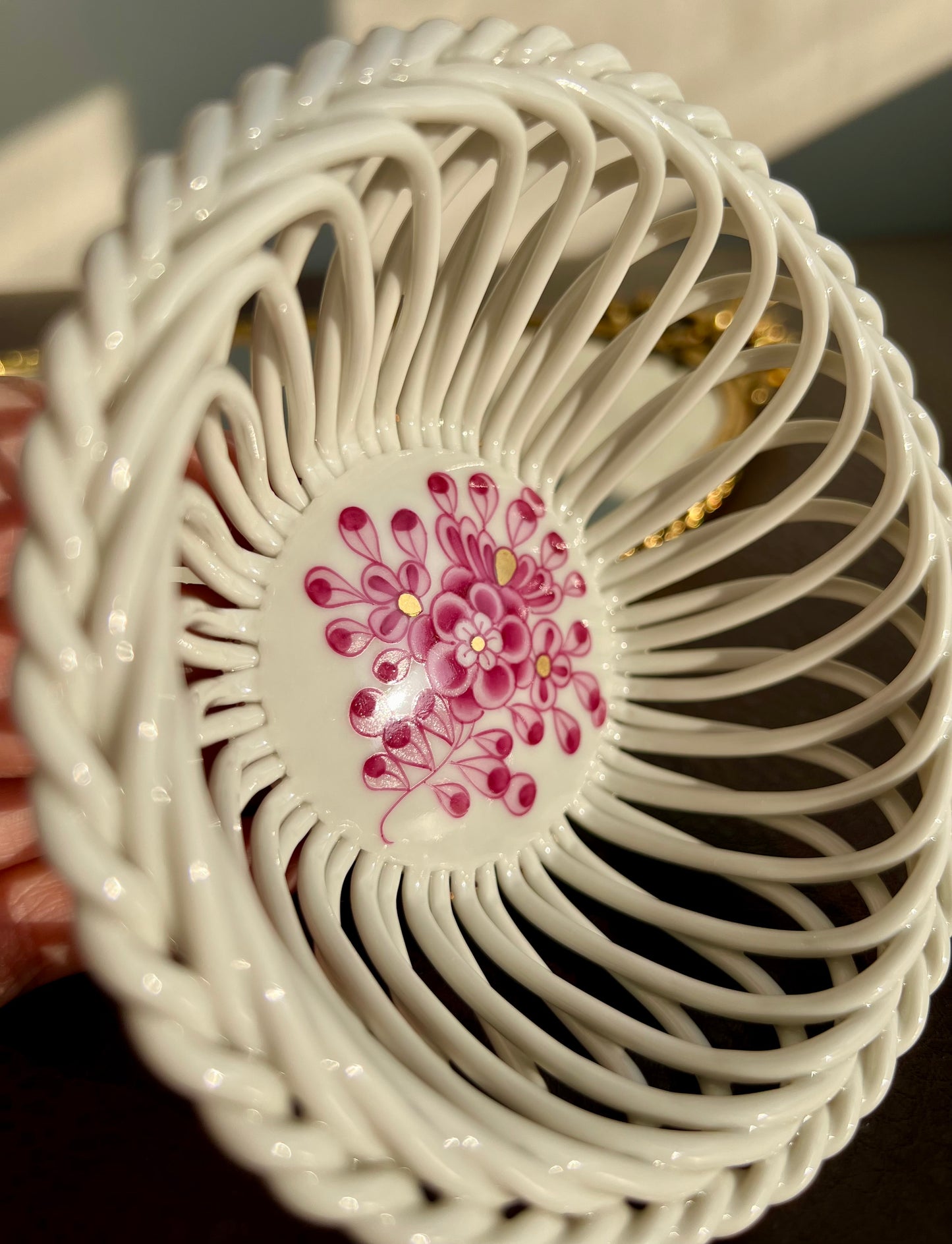 Herend porcelain small openwork basket with pink handpainted flowers