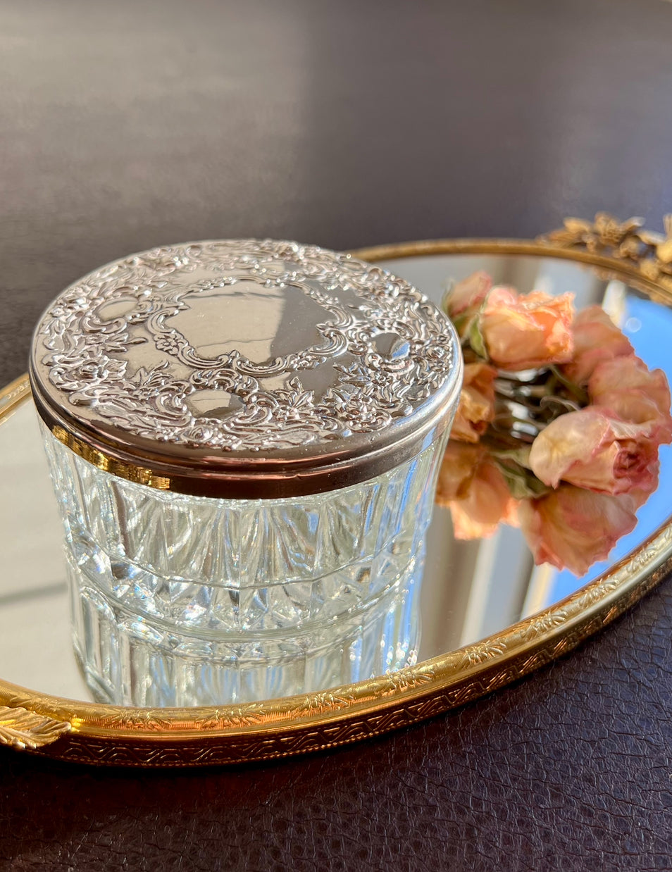 Vintage GODINGER Glass Powder Jar Ornate with Heavy Silver-plated Lid on the Top & Mirror