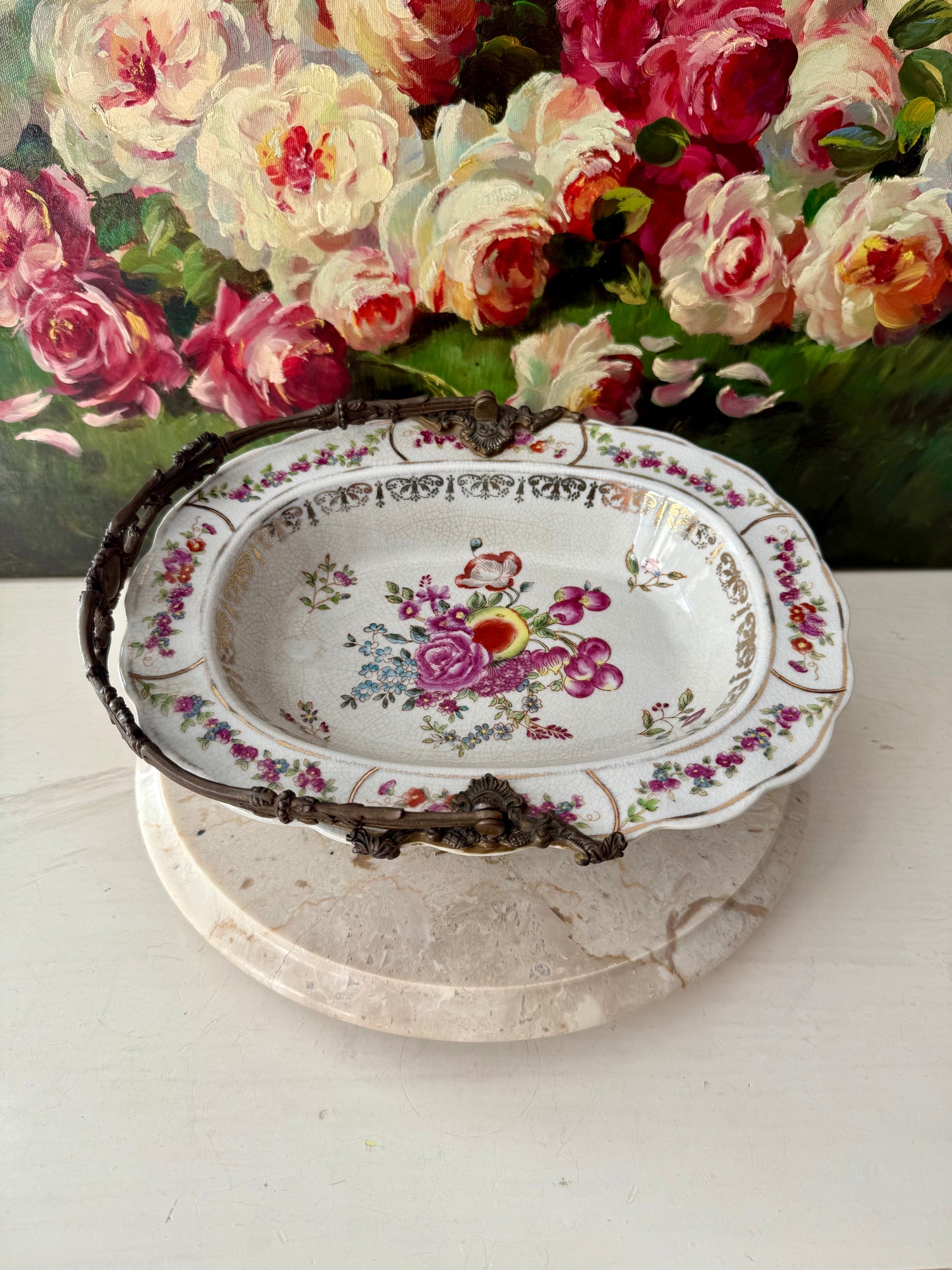 Porcelain Oval Crackle Glazed Vintage Basket Serving Dish with Decorative Bronze Handle, Floral Design and four Legs