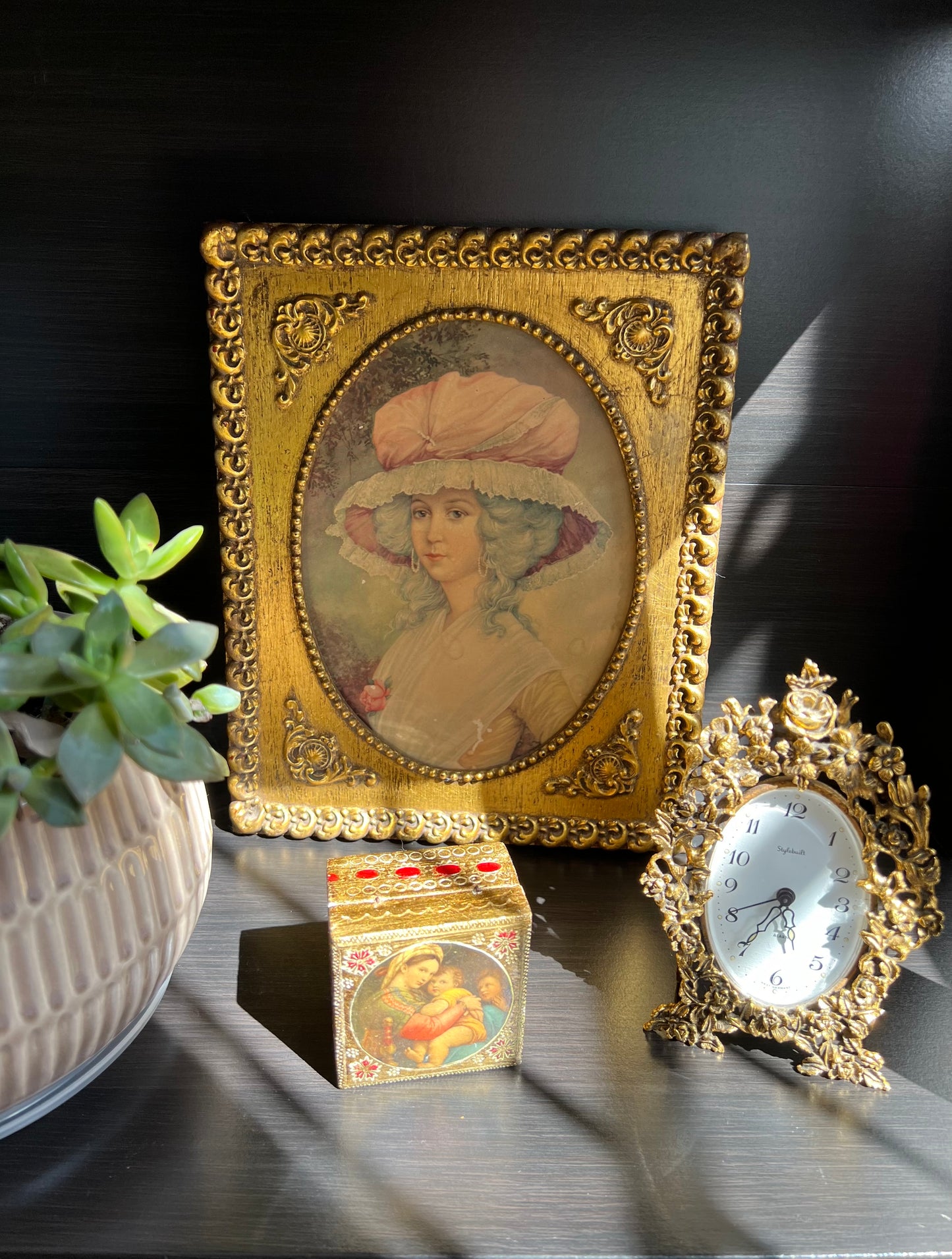 Vintage Gilded Wooden Framed Art, French Paper Portrait of a Victorian Lady with Hat