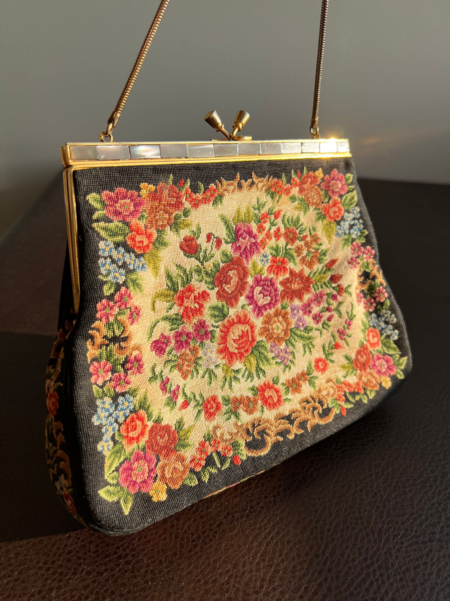 Tapestry Vintage Handbag/ Purse with Floral Rose Decoration and Mother of Pearl Edge, Burgundy Satin Inside