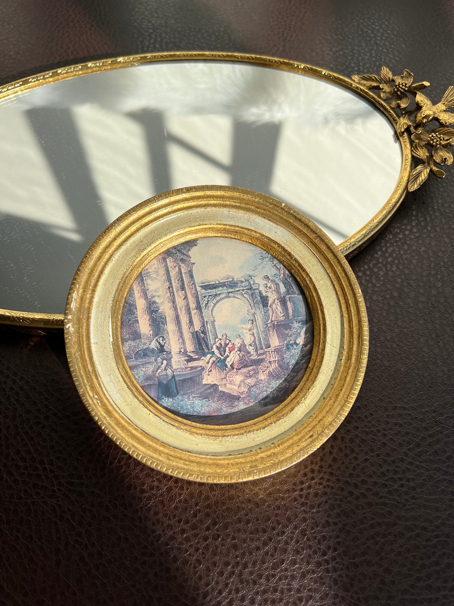 Italian Miniature Round Vintage Florentine Gilt Wood Framed Print