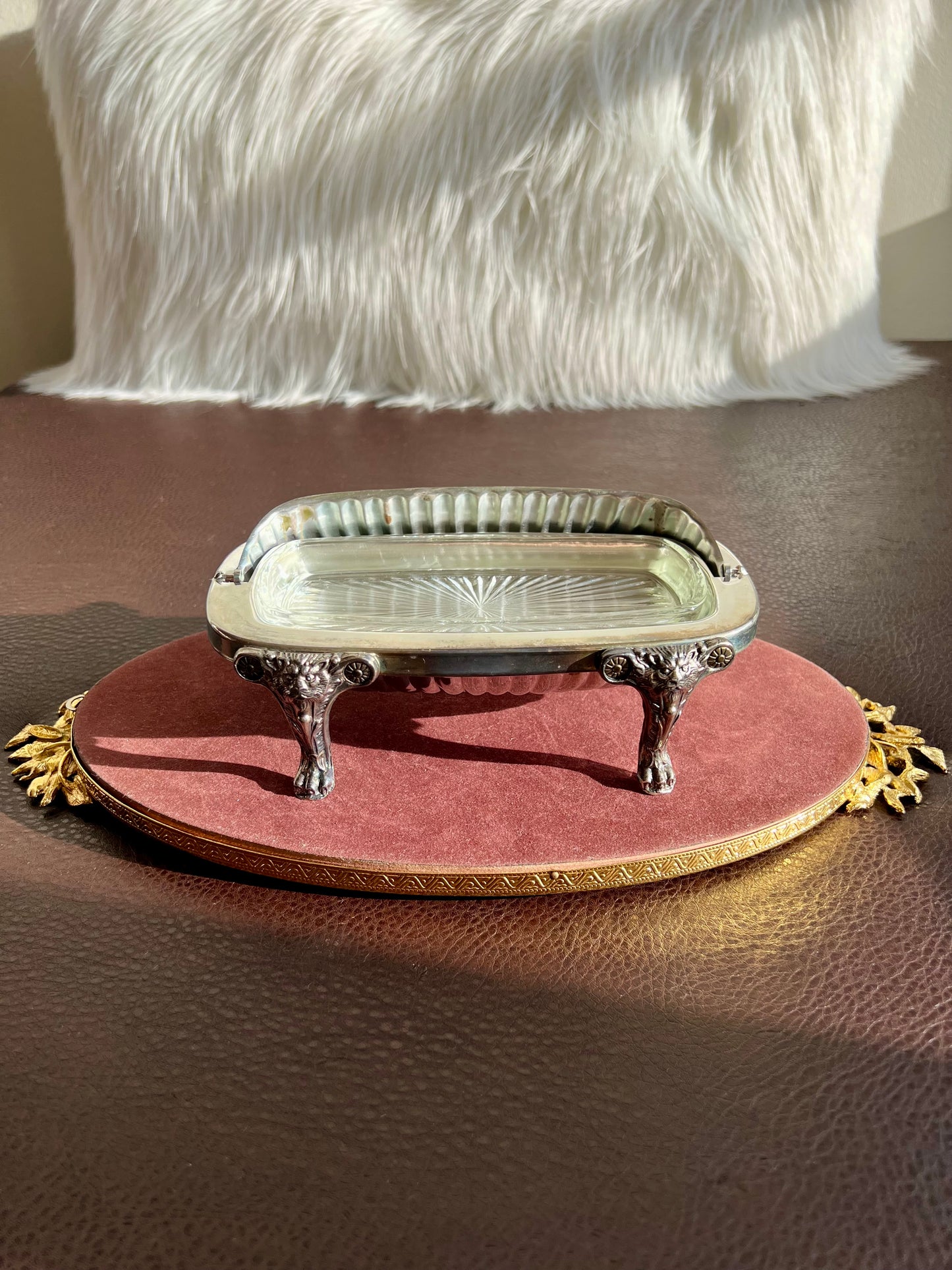 Antique F.B Rogers Silver-Plated Lion Head and Footed Butter Dish Victorian Covered Roll Top - Glass Insert