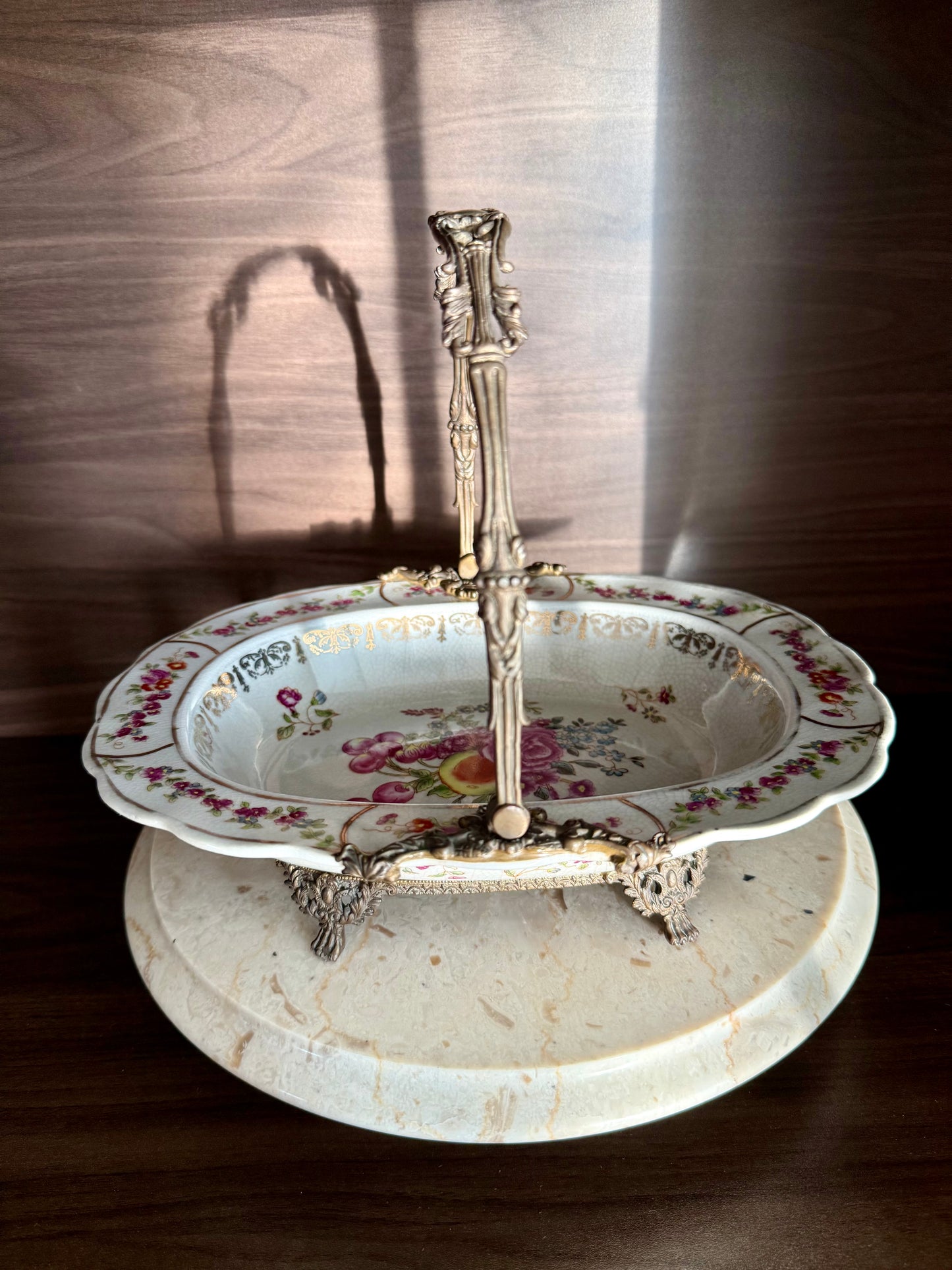 Porcelain Oval Crackle Glazed Vintage Basket Serving Dish with Decorative Bronze Handle, Floral Design and four Legs