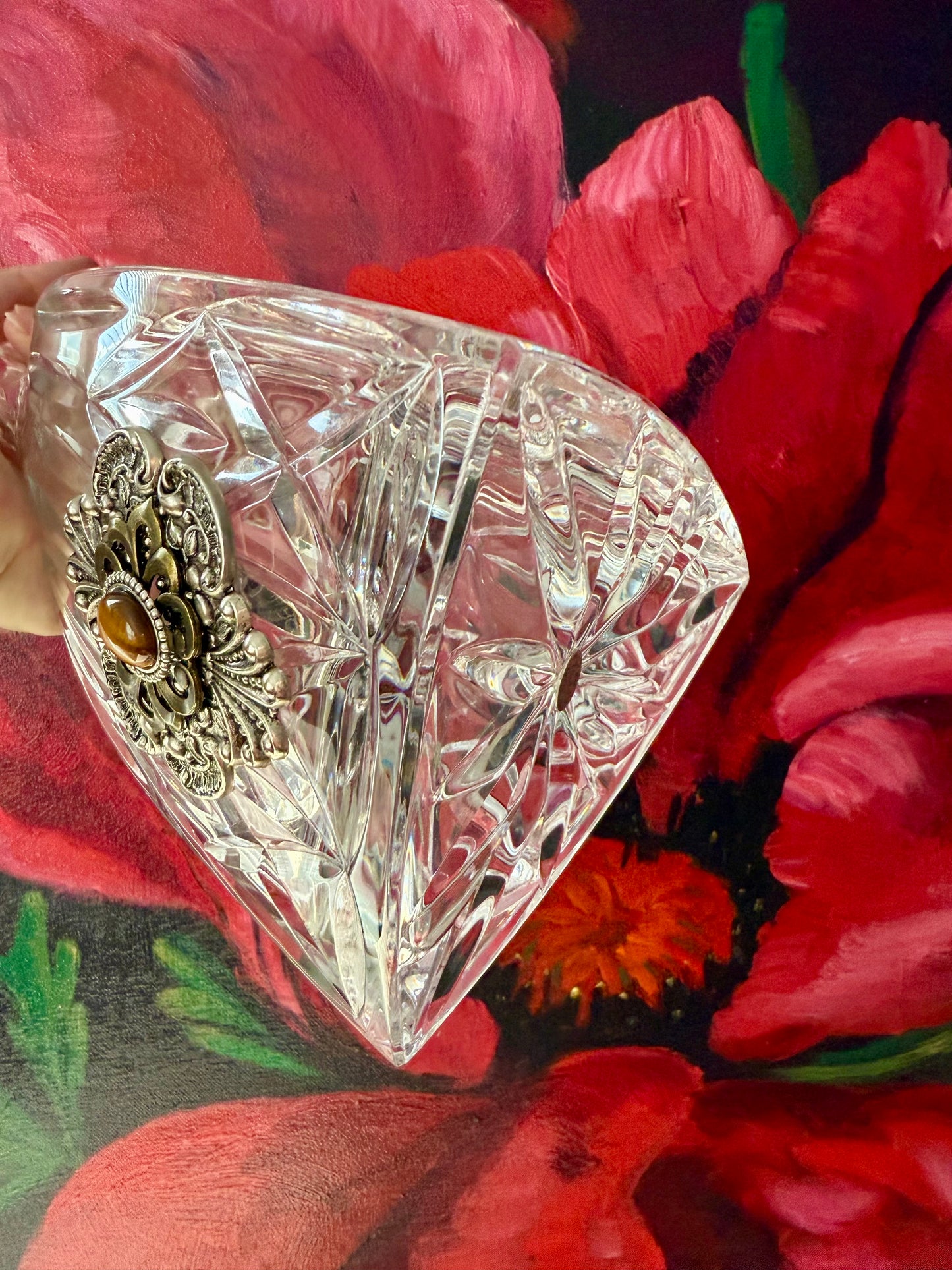 Ann Cichon Dallas Vintage Crystal Decanter with Stopper and Silver Tone Metal Jewels and Stones