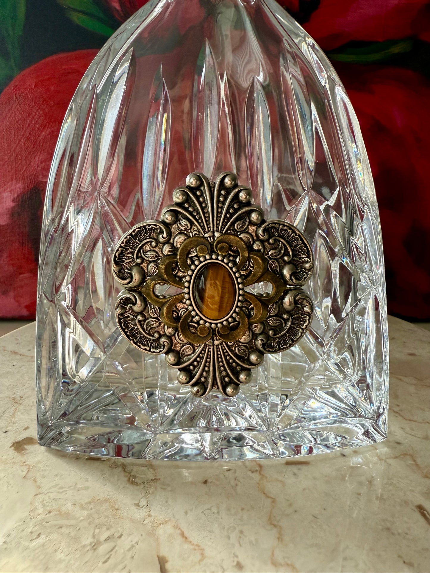 Ann Cichon Dallas Vintage Crystal Decanter with Stopper and Silver Tone Metal Jewels and Stones
