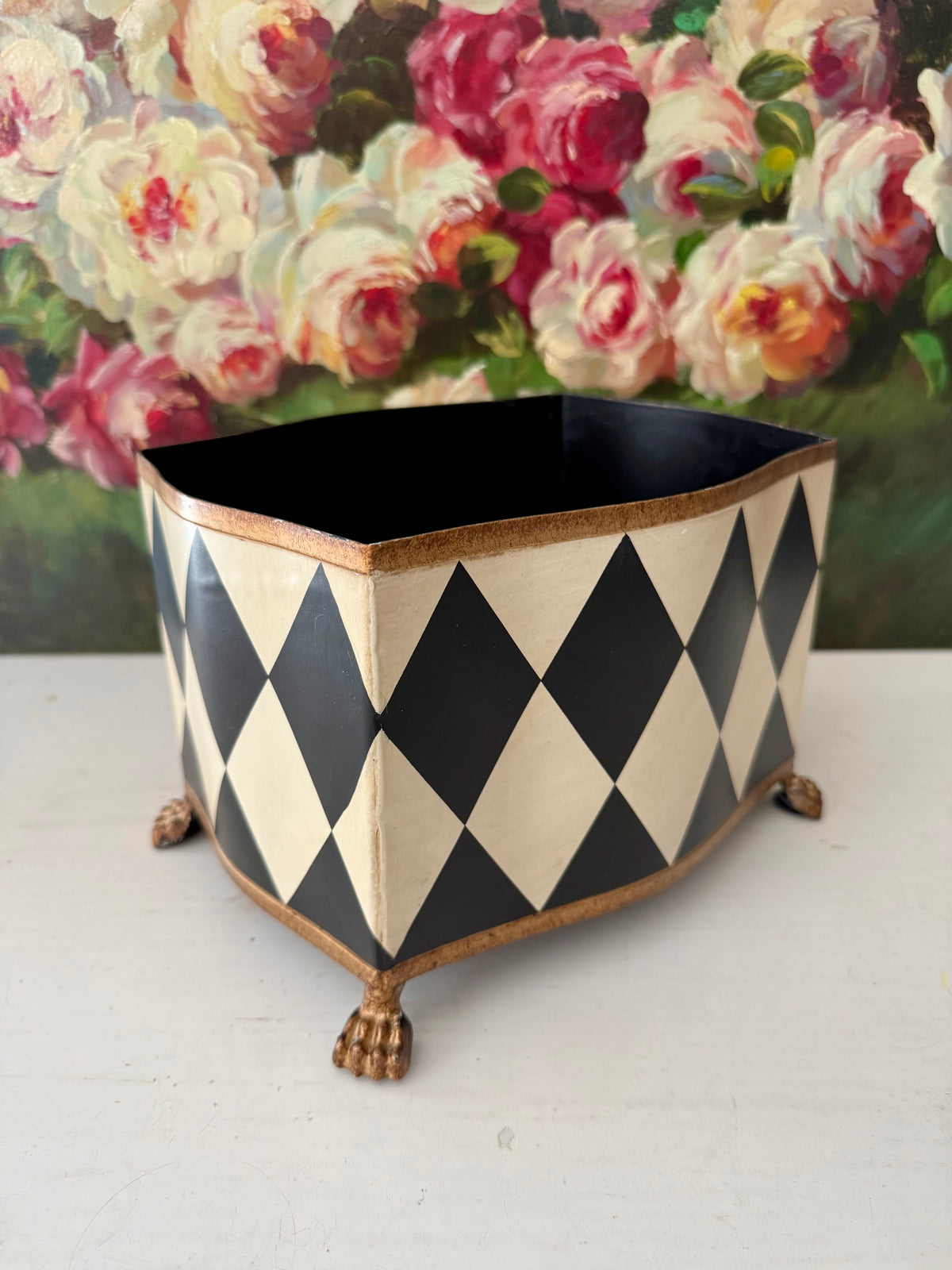 Vintage Hand-painted Metal Flower Pot/Planter with a Harlequin Pattern and Claw Feet