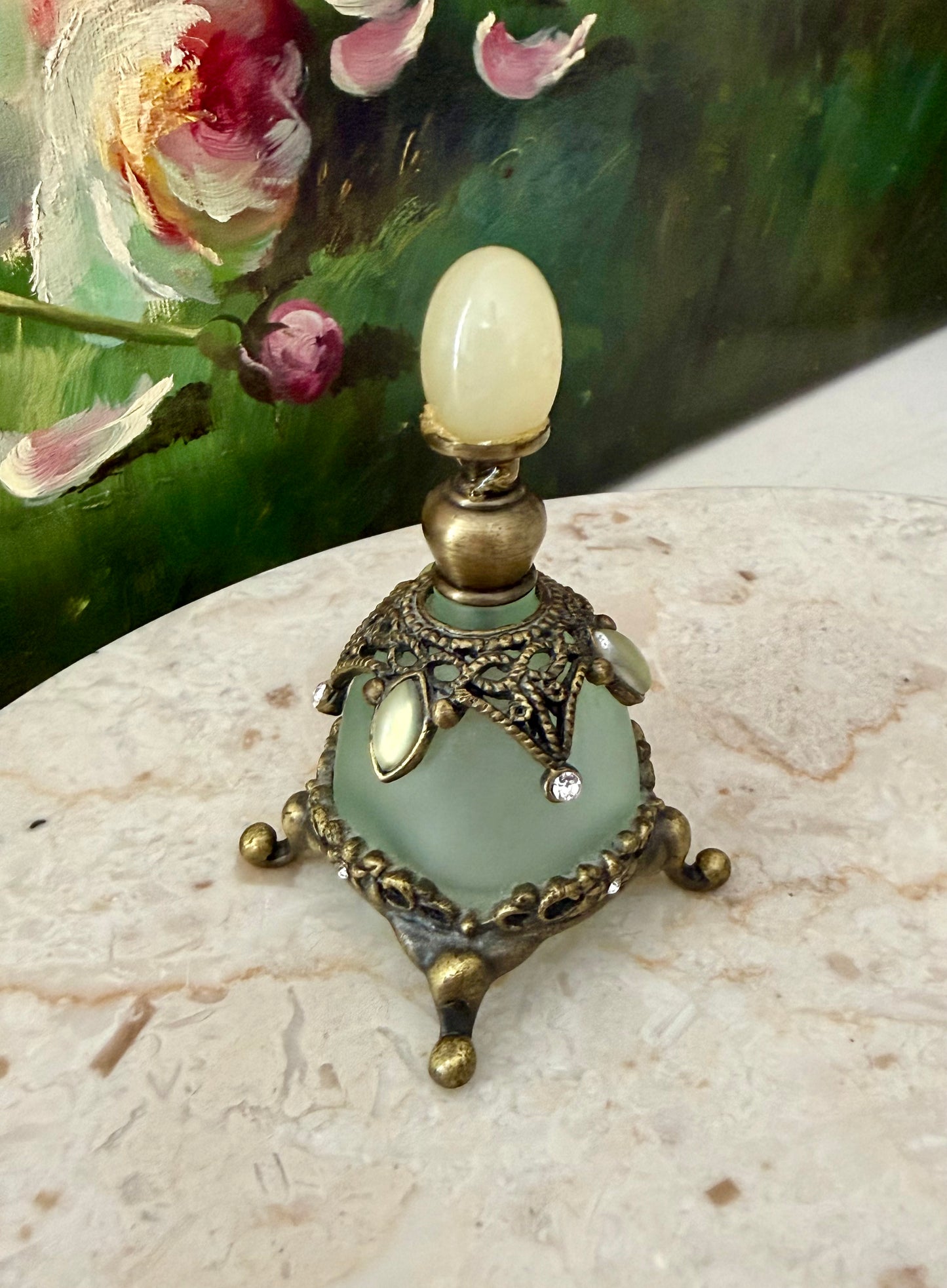 Vintage Frosted Green Glass Perfume Bottle Decorated with Rhinestones and Gemstones - Empty