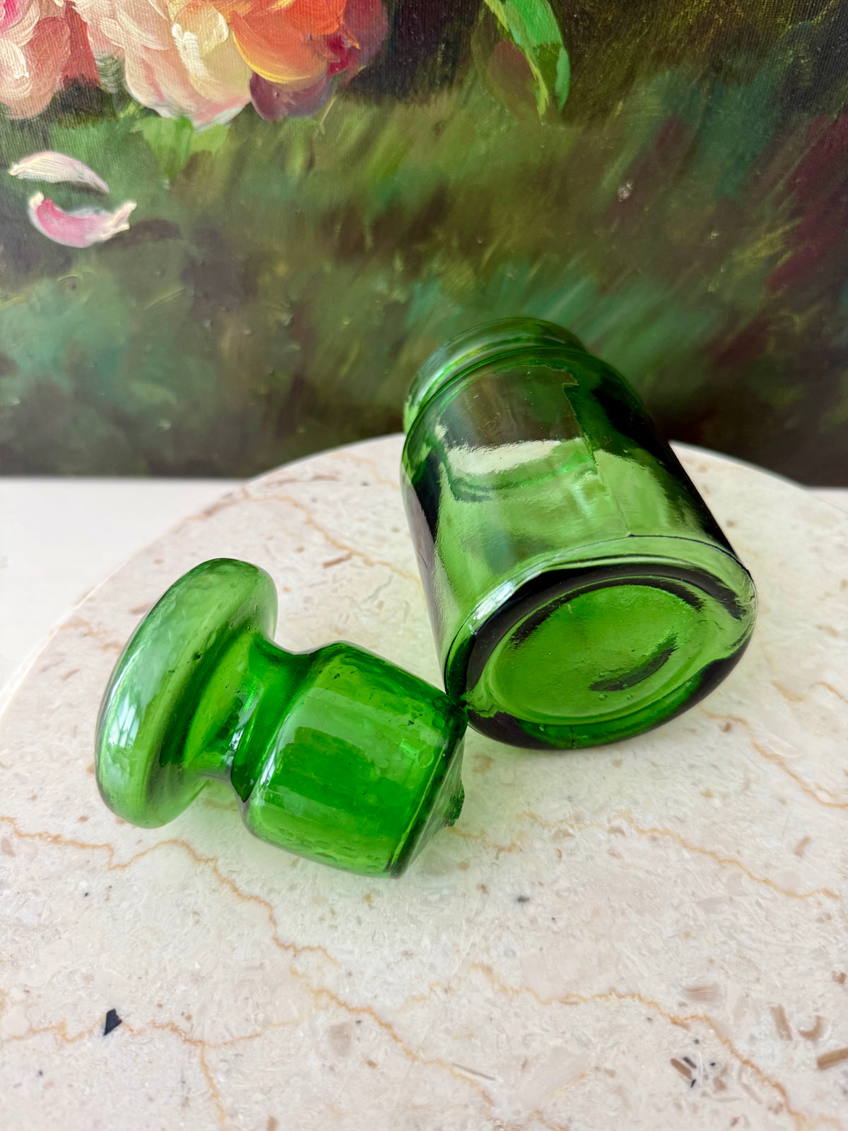 Emerald Green Vintage Belgium Apothecary Jar Glass with Handmade Floral Painting on the Bubble Top Lid
