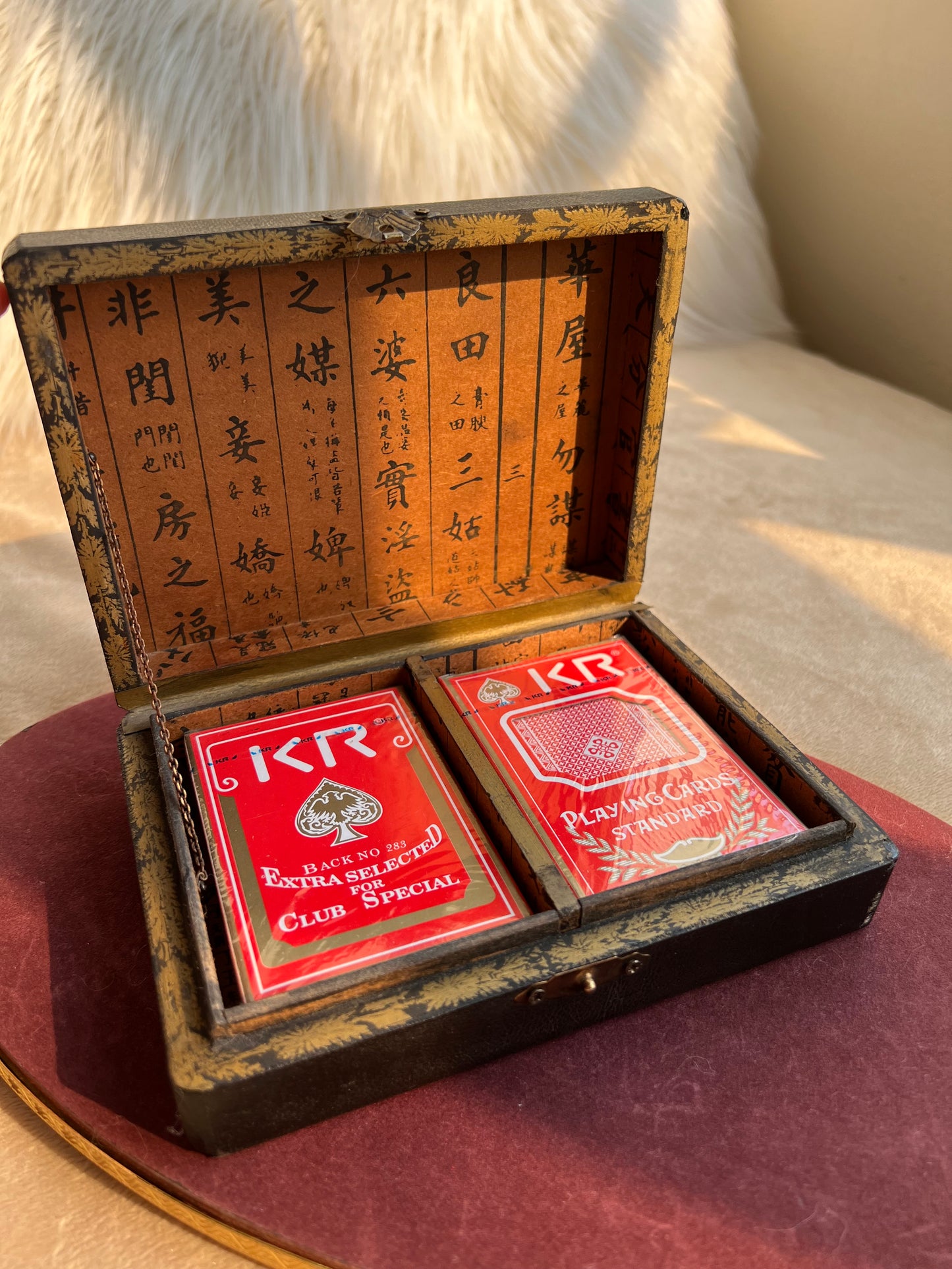 Chinese Wooden/Leather Vintage Box with 2 Pc unopened KR Poker Cards Set