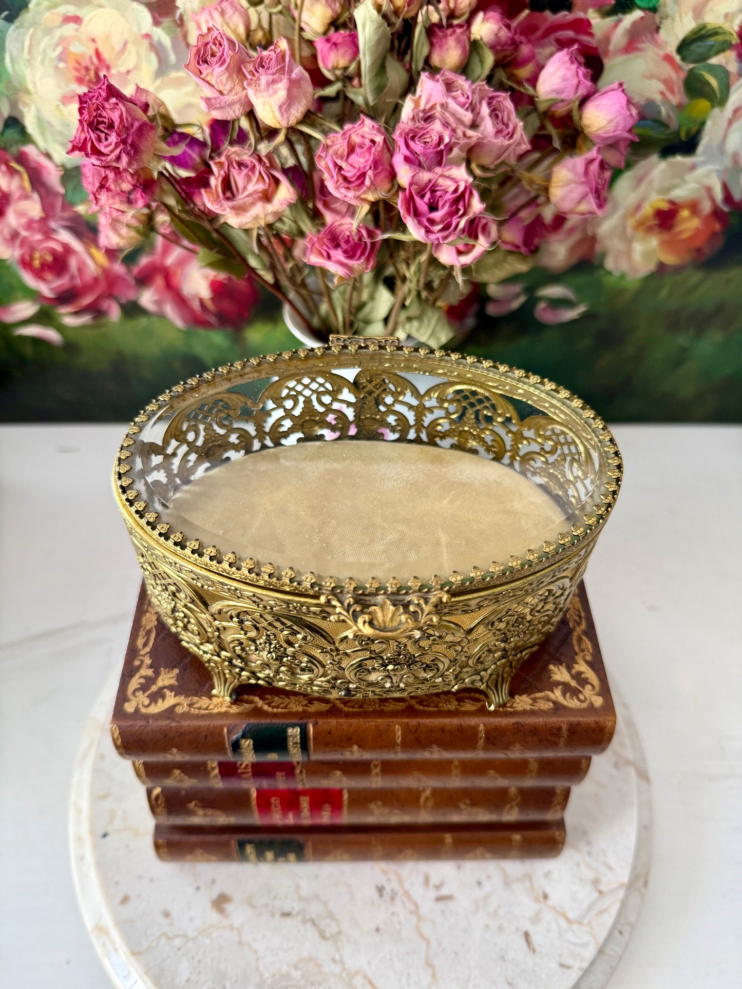 Matson Style Vintage Gold-plated and Glass Hollywood Regency Oval Ormolu Brass Jewelry/ Trinket Box