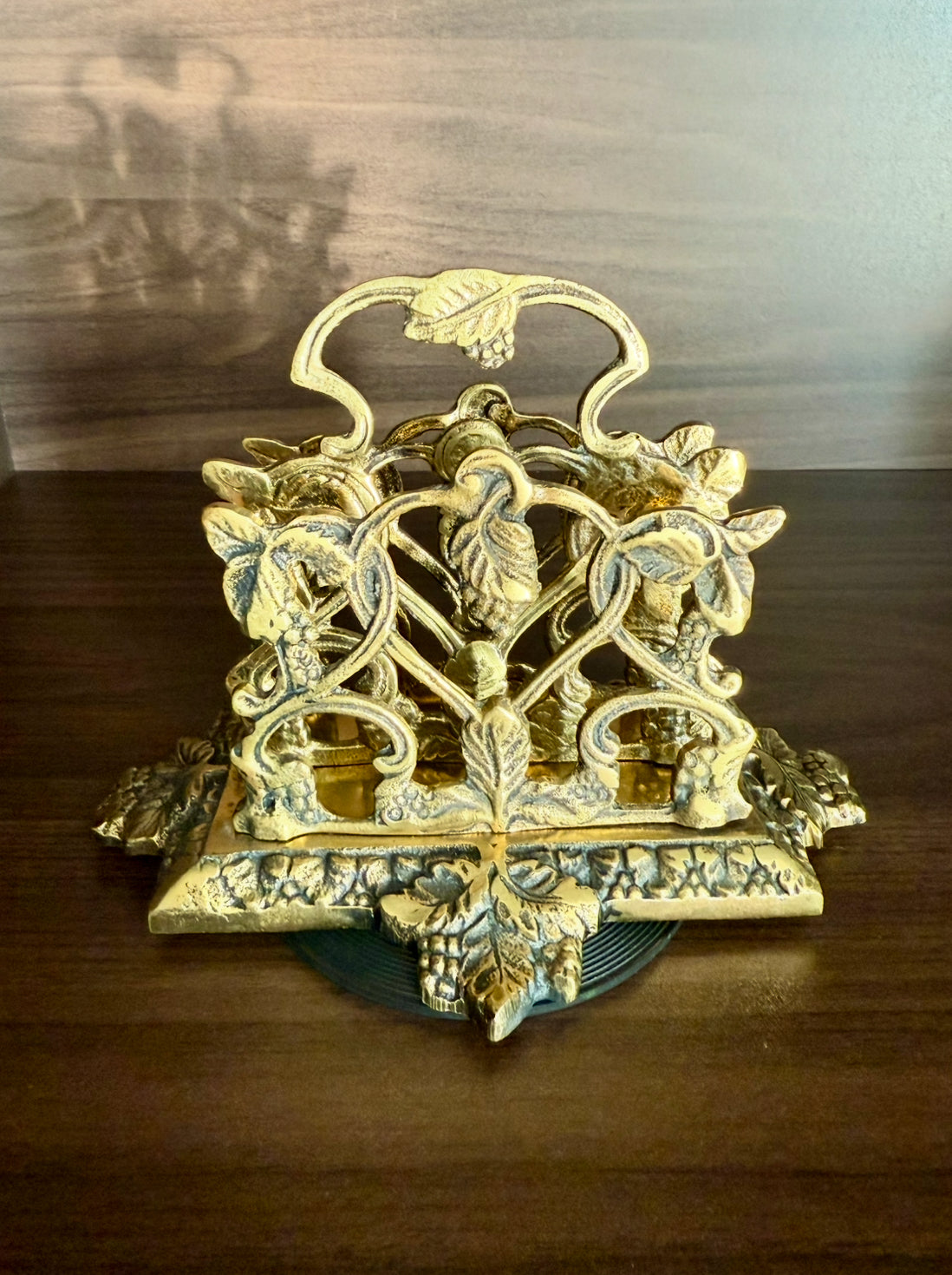 Vintage Brass Letter or Napkin Holder Desk Organizer with Grape Leaf Decoration, Made in England
