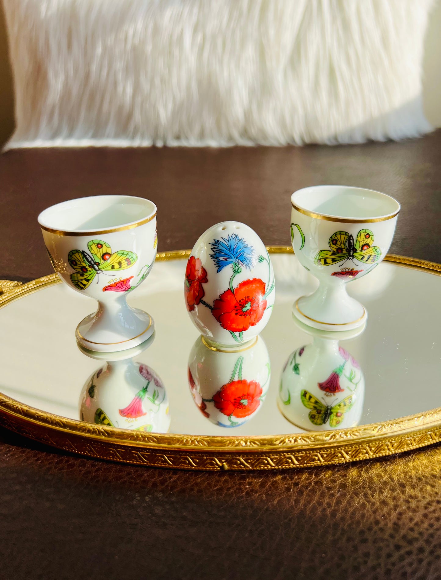 1980s Gucci Bernardaud Limoges Floral & Butterfly Print Porcelain Egg Cup and Salt Shaker Set, Made in France