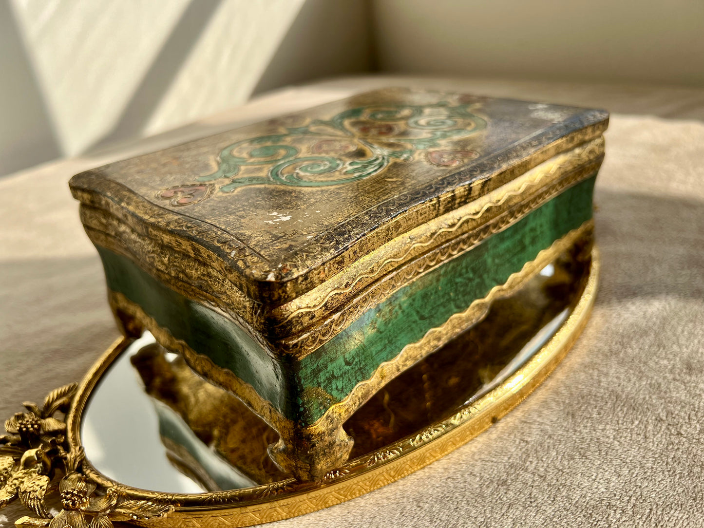 Italian Large Footed Florentine Box, Scalloped Edges, Gilt and Wood