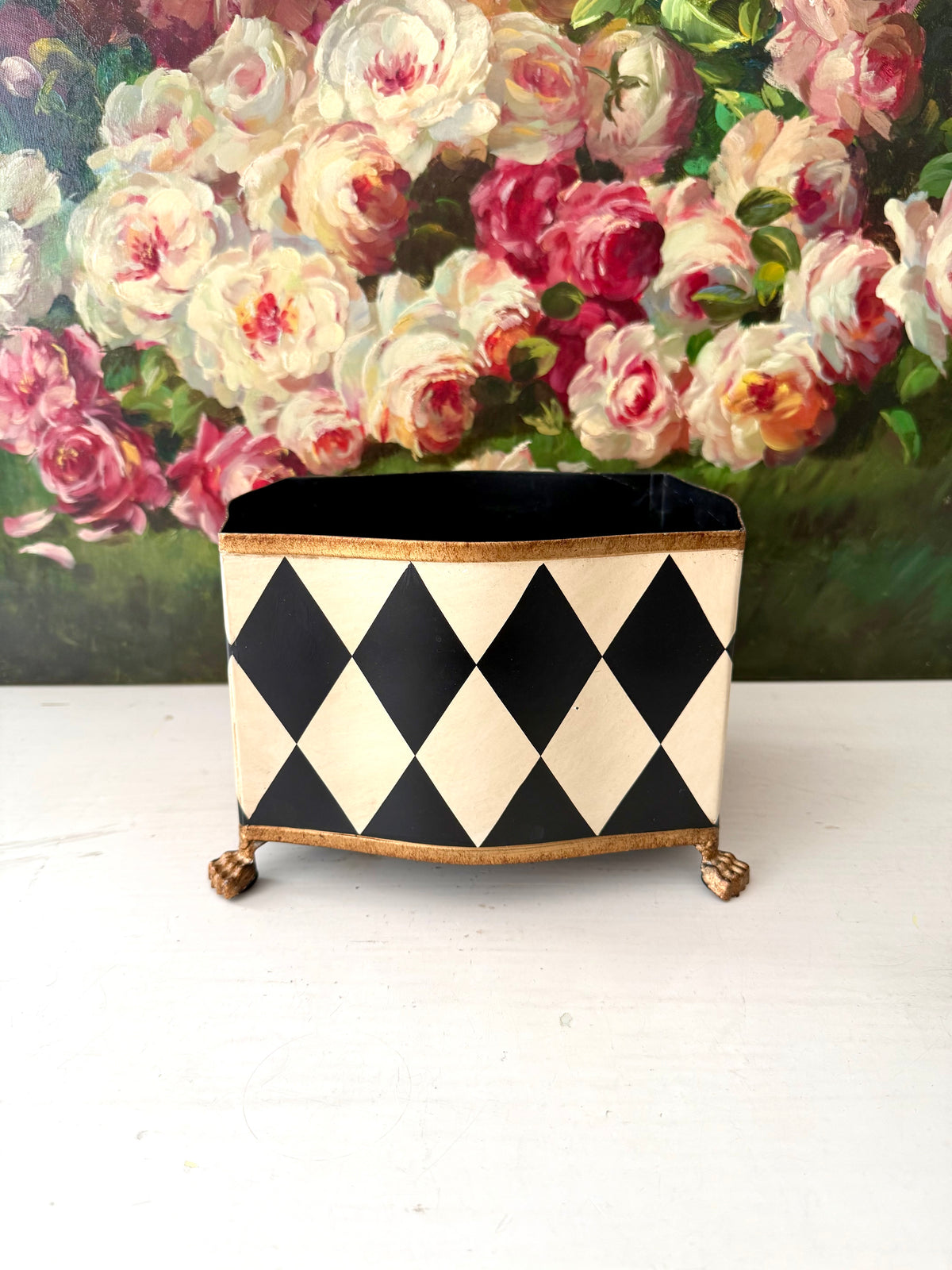 Vintage Hand-painted Metal Flower Pot/Planter with a Harlequin Pattern and Claw Feet