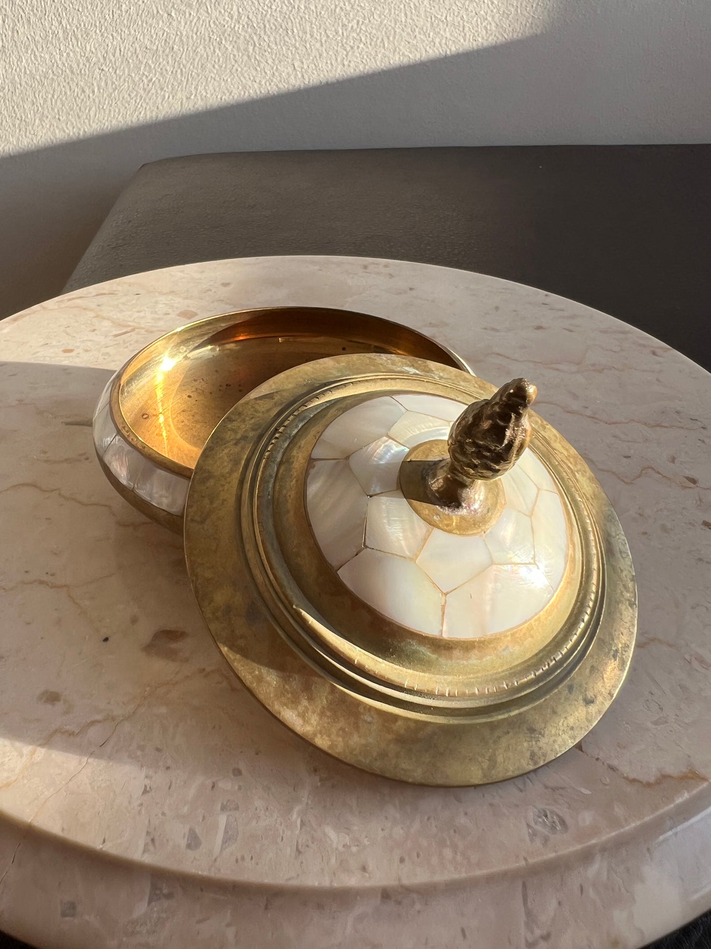 Brass Jewelry Box and Real Shell Vintage Trinket Box with Elegant Pearl Decoration and Lid