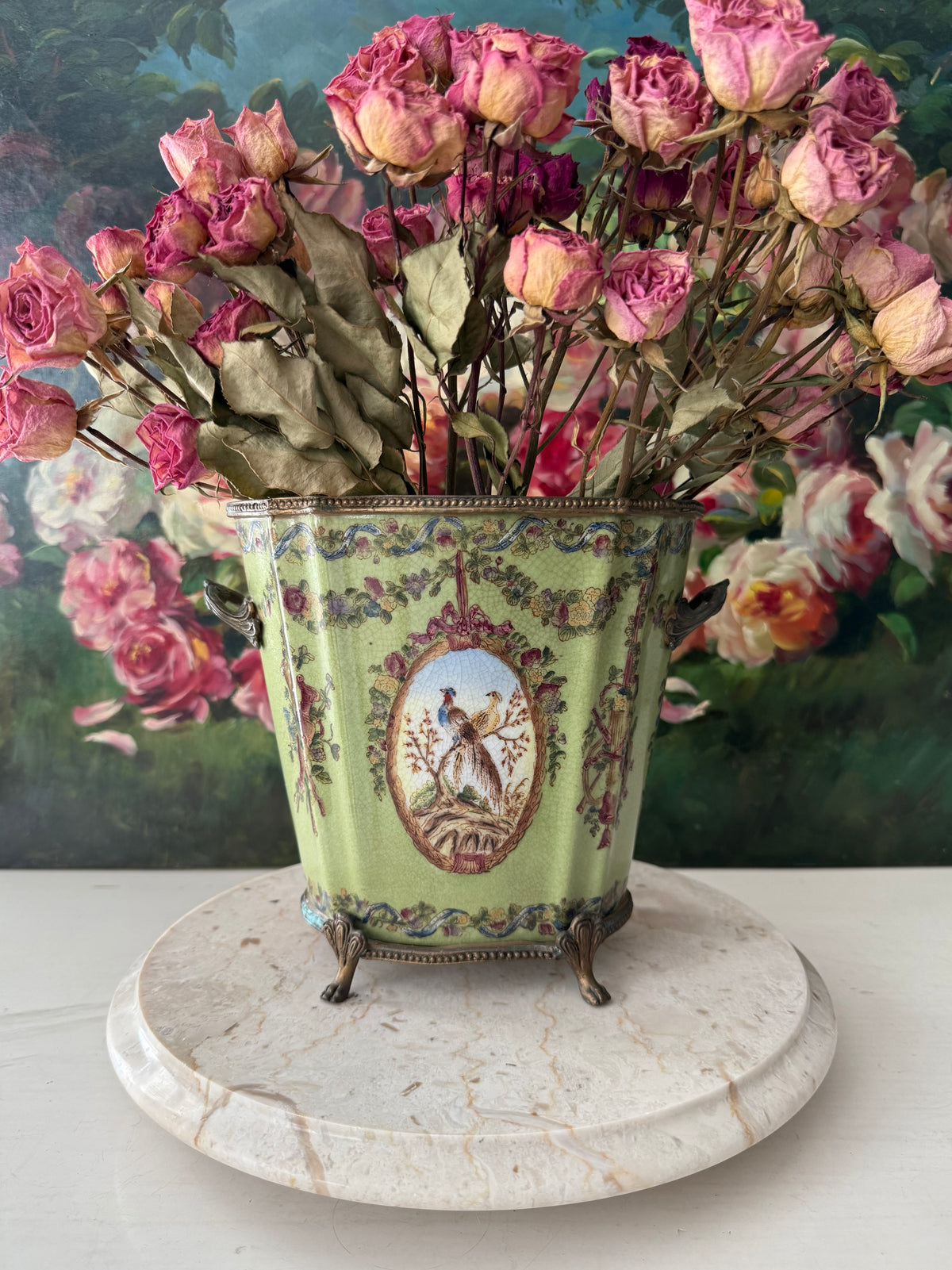 Antique Green Pheasant Bird and Floral Garland Porcelain Brass Footed Cache Pot or Jardiniere
