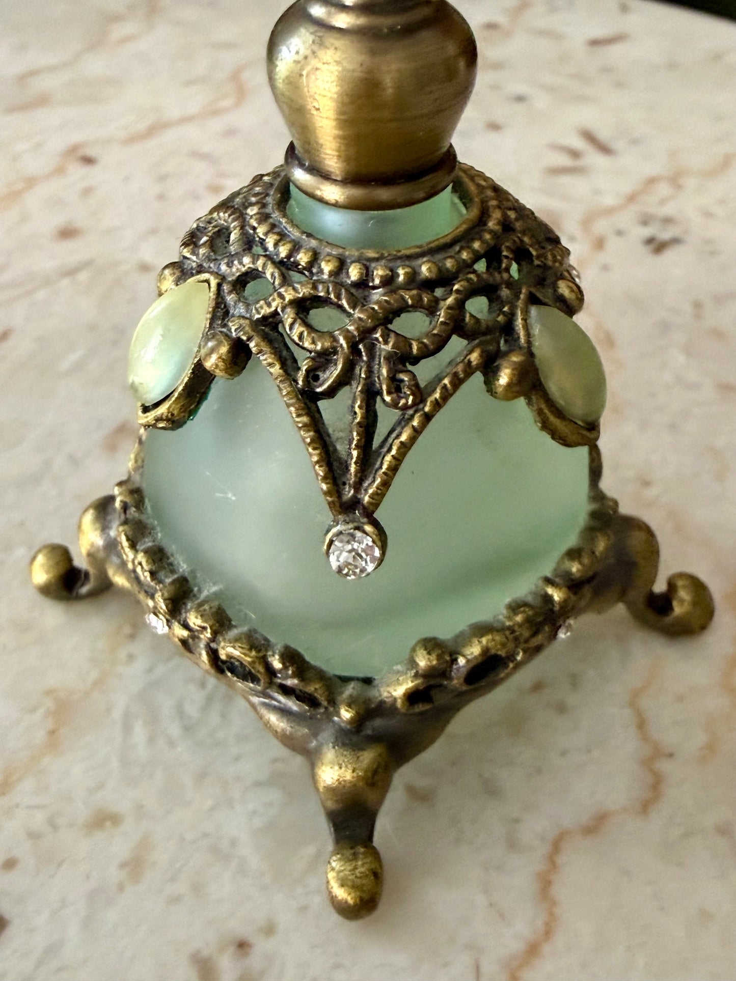 Vintage Frosted Green Glass Perfume Bottle Decorated with Rhinestones and Gemstones - Empty