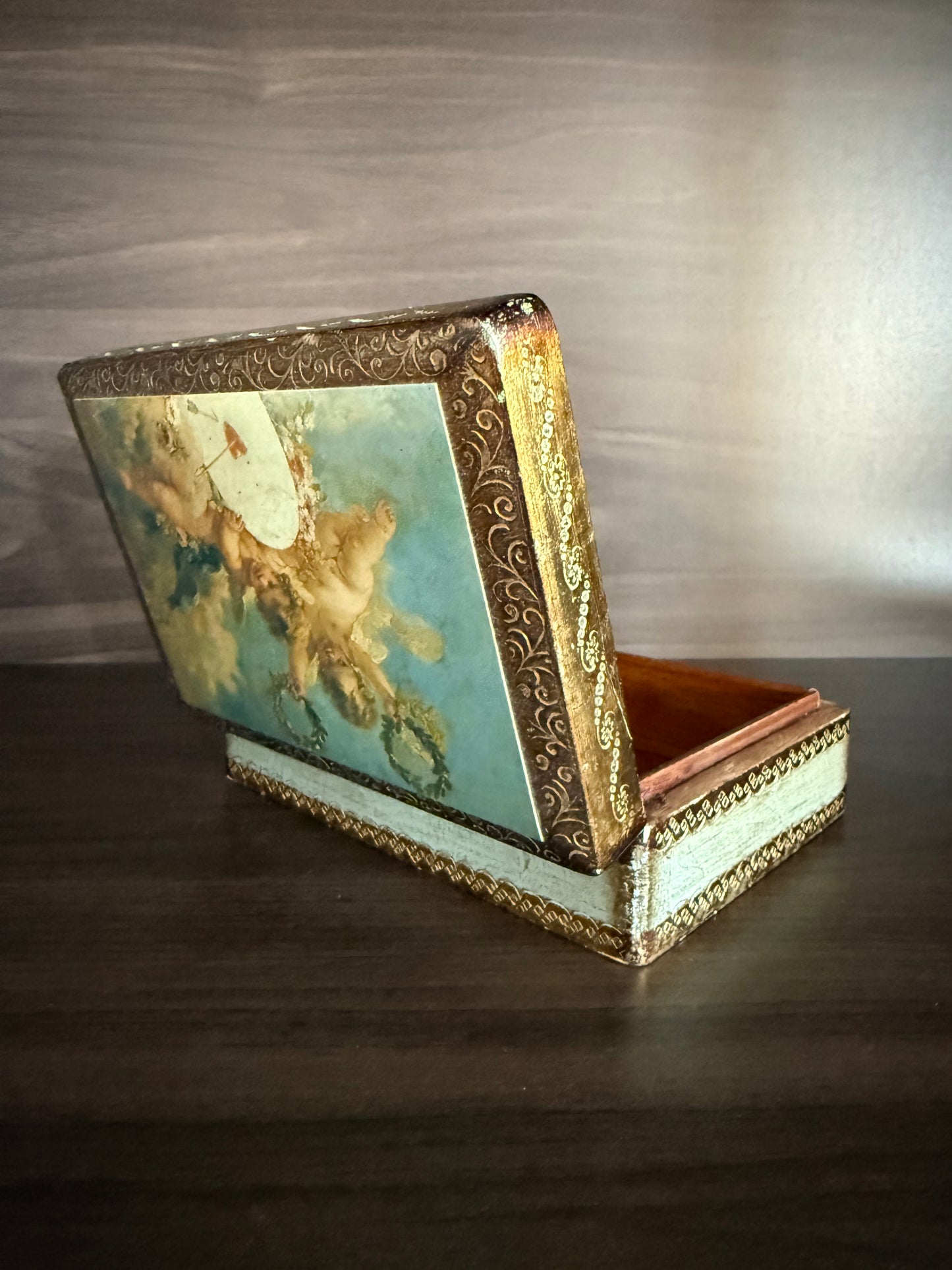 Italian Florentine Gold gilded, Handmade Wooden Vintage Jewelry or Trinket Box - Made in Italy
