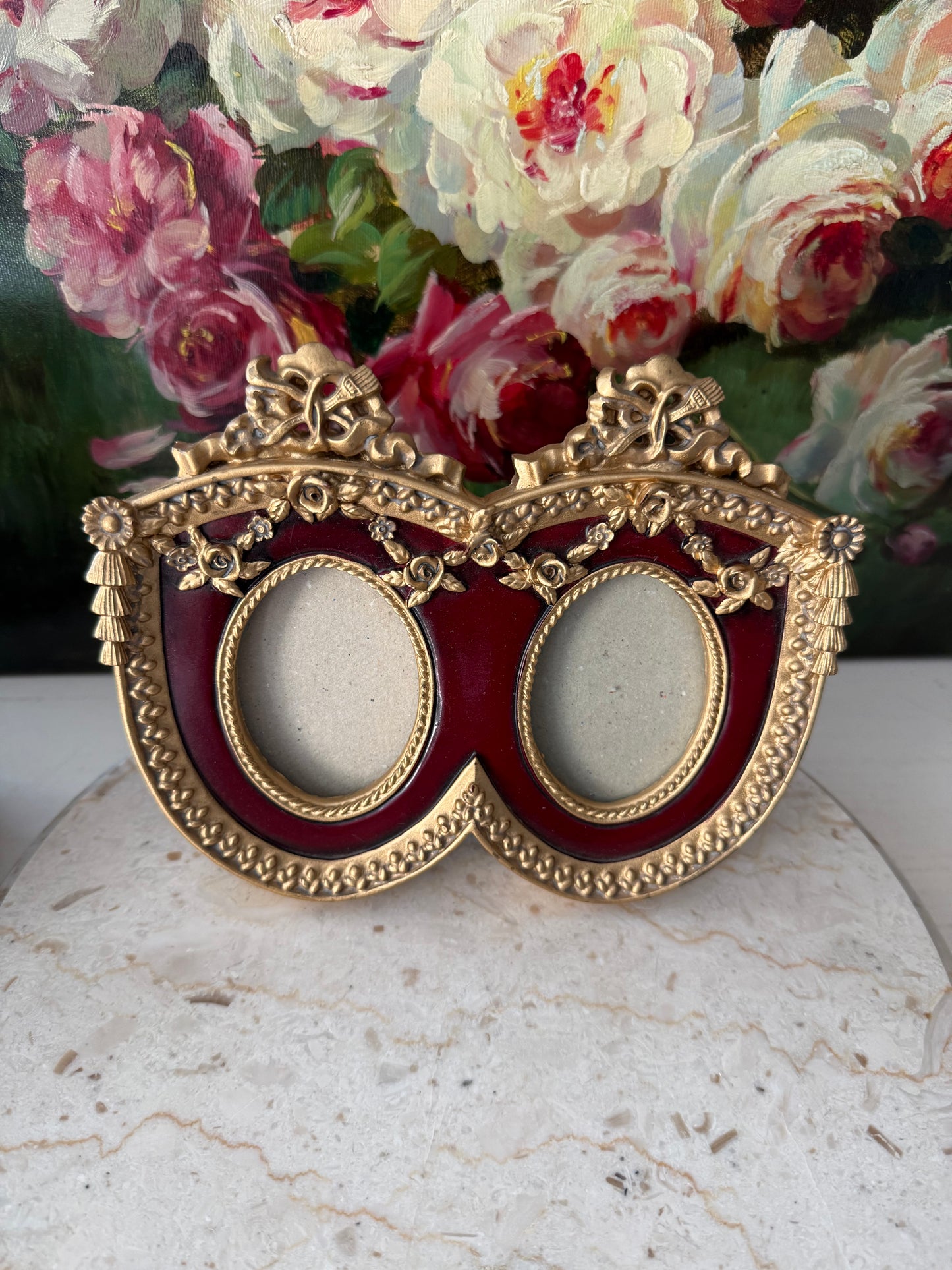French Baroque Style Vintage Gold And Burgundy Oval Double Photo Frame (NOT Brass)