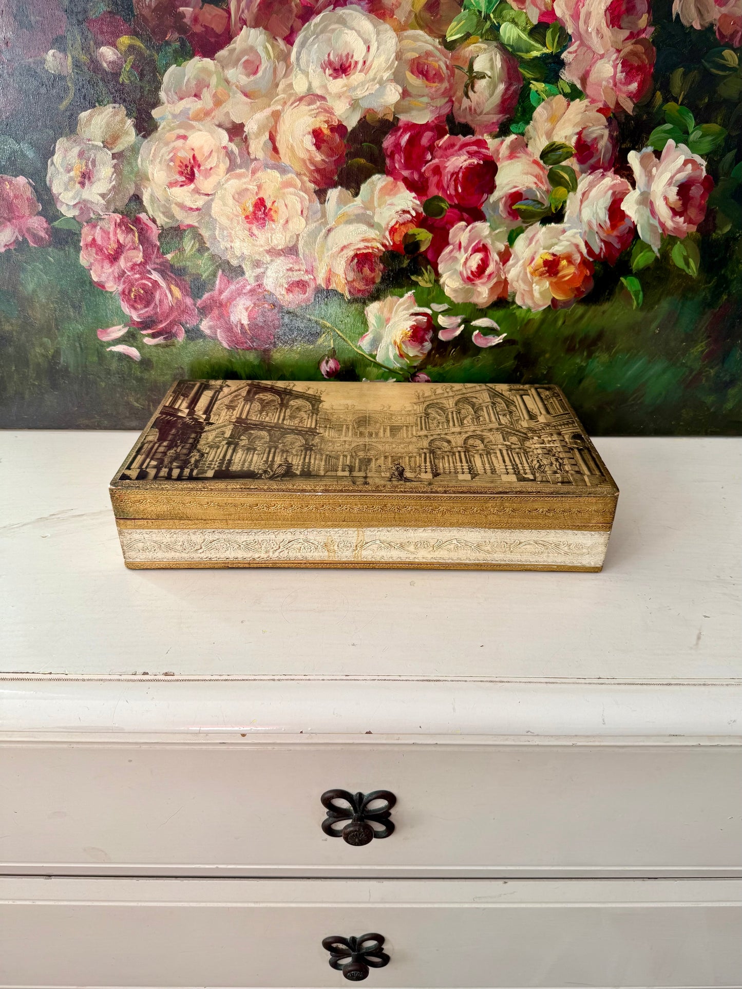 Fratelli Alinari Architectural Gold gilded Large Vintage Wooden Florentine Jewelry Box, Made in Italy