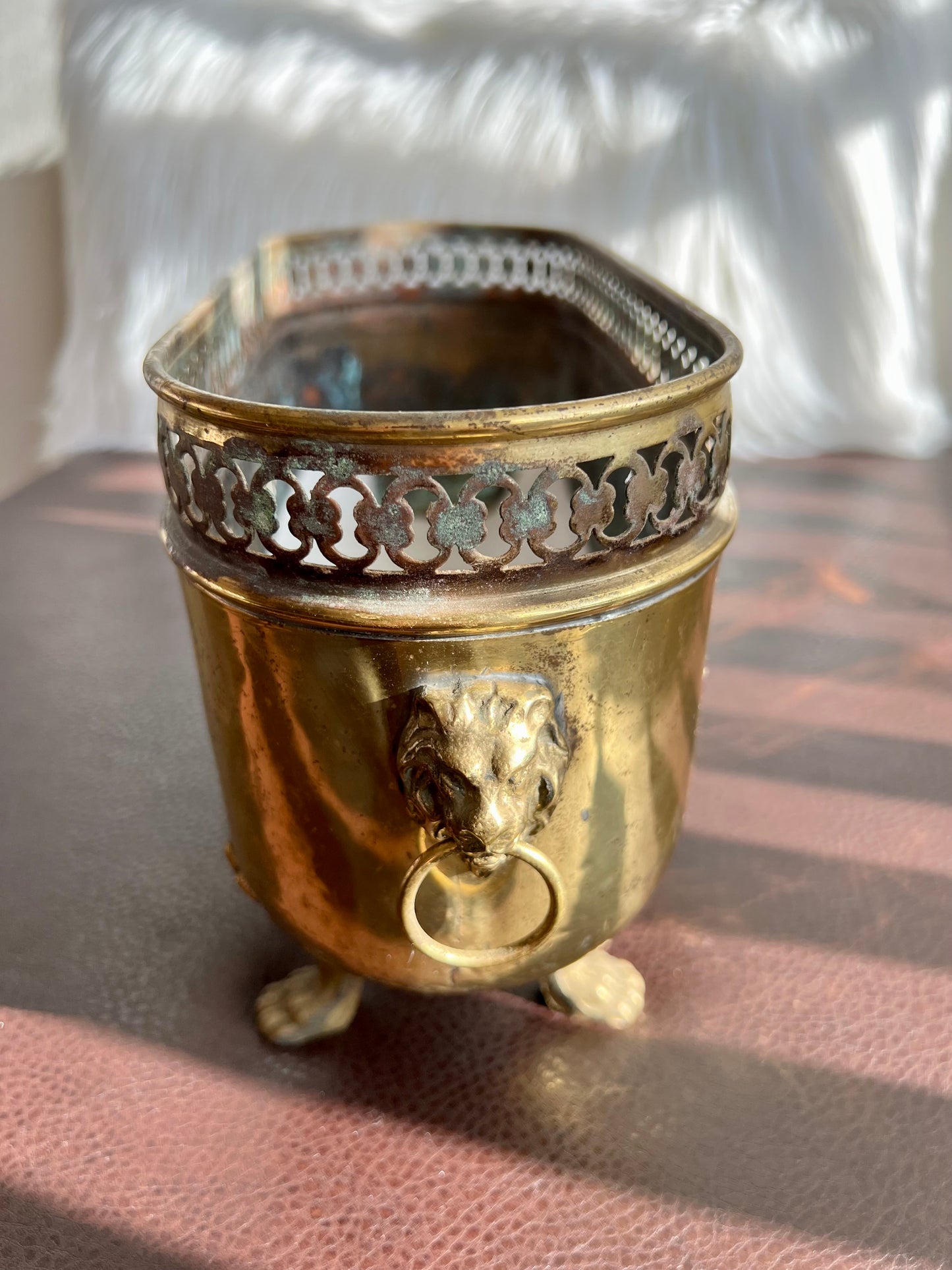 Antique/ Vintage Brass Planter Jardinière Ornate with Four Lion Paws Footed and Two Lion Heads with Rings