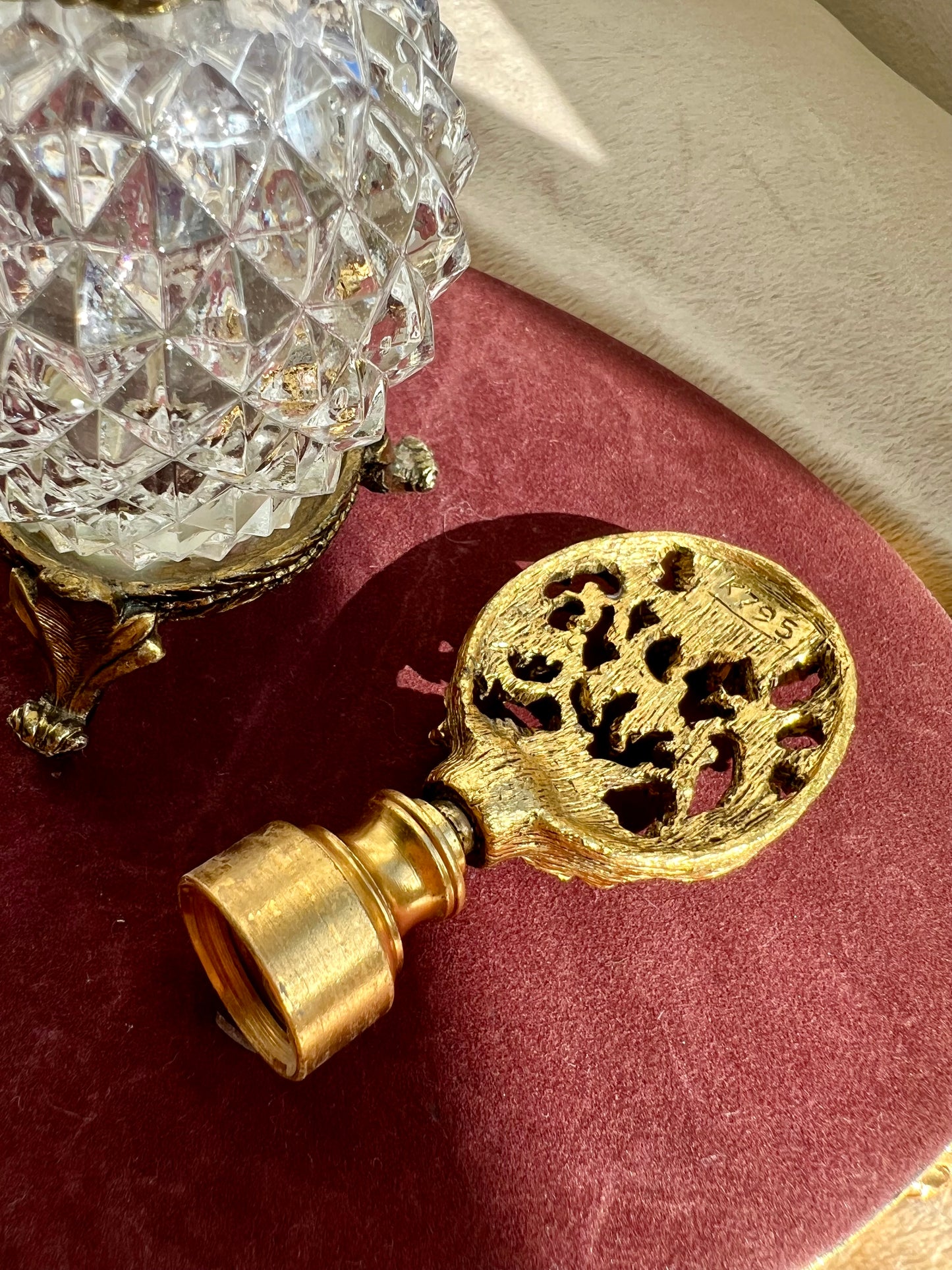 MATSON Style Ormolu Diamond Cut Glass Footed Perfume Bottle Gilt Brass With Dogwood Floral Stopper