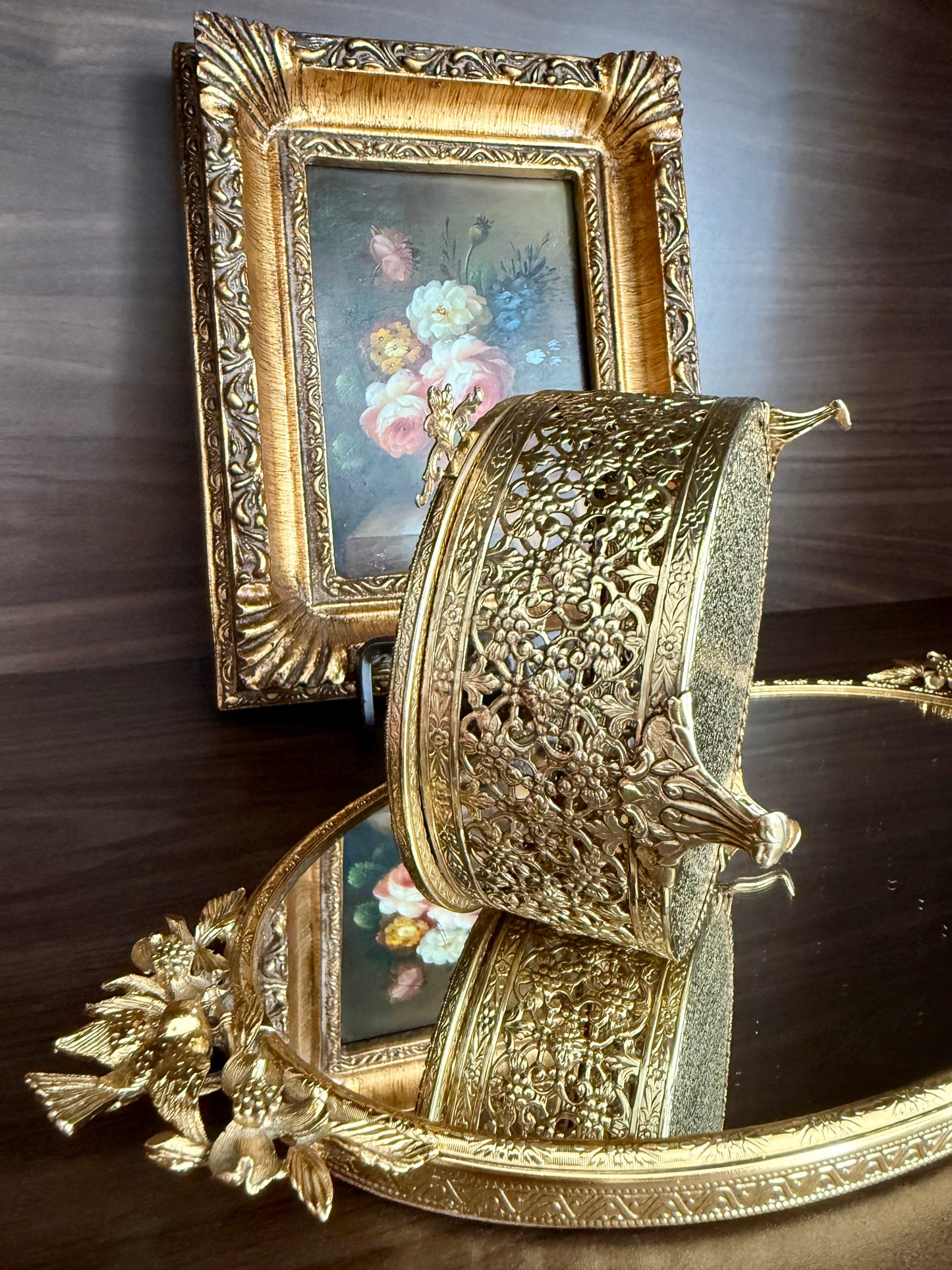 Hollywood Regency Style Vintage Round Gold Filigree Ormolu Glass Top Jewelry/ Trinket Box Footed