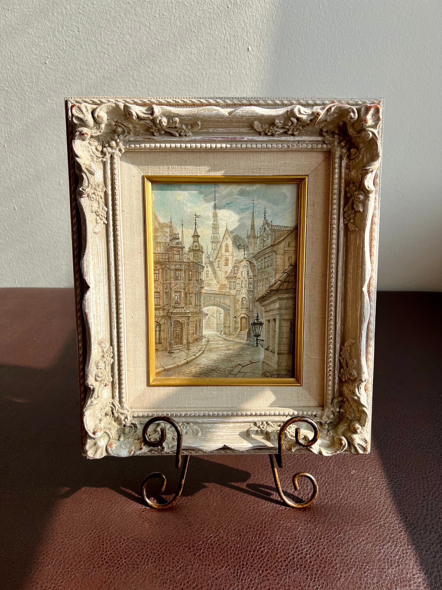 Very Unique “Riga” Old City Original Artwork Vintage Oil Painting with Wooden Framed Signed by G.Sviraunc