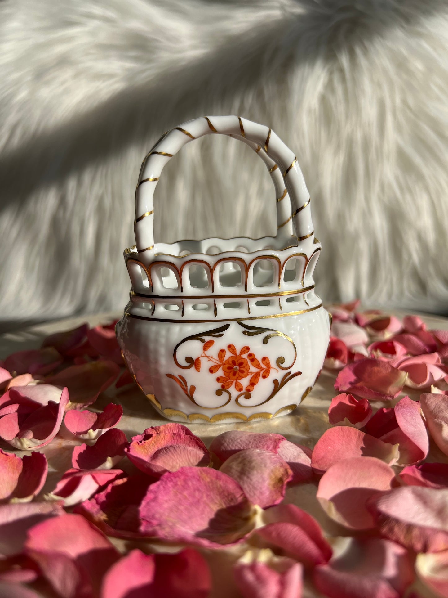 Herend Rust/ Orange Color Bouquet Reticulated Mini Porcelain Basket with Handle - Made in Hungary