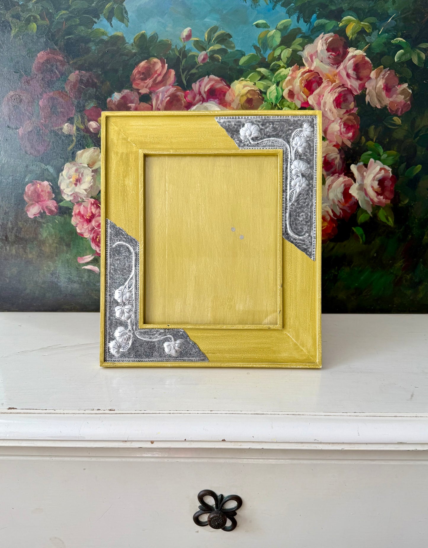 Vintage Mustard Yellow Wooden Picture/ Photo Frame with Metal Floral Decoration on the Corners