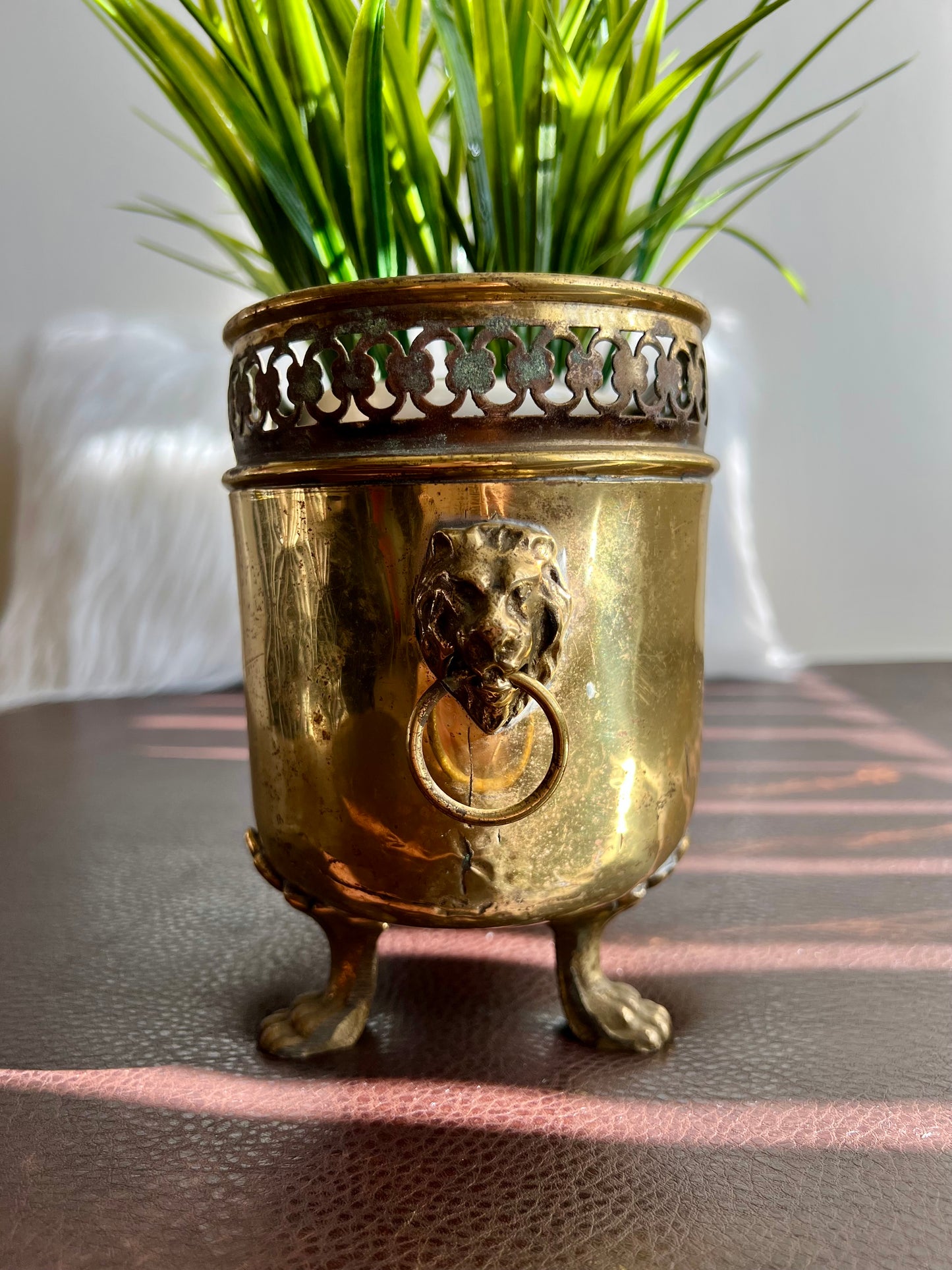 Antique/ Vintage Brass Planter Jardinière Ornate with Four Lion Paws Footed and Two Lion Heads with Rings