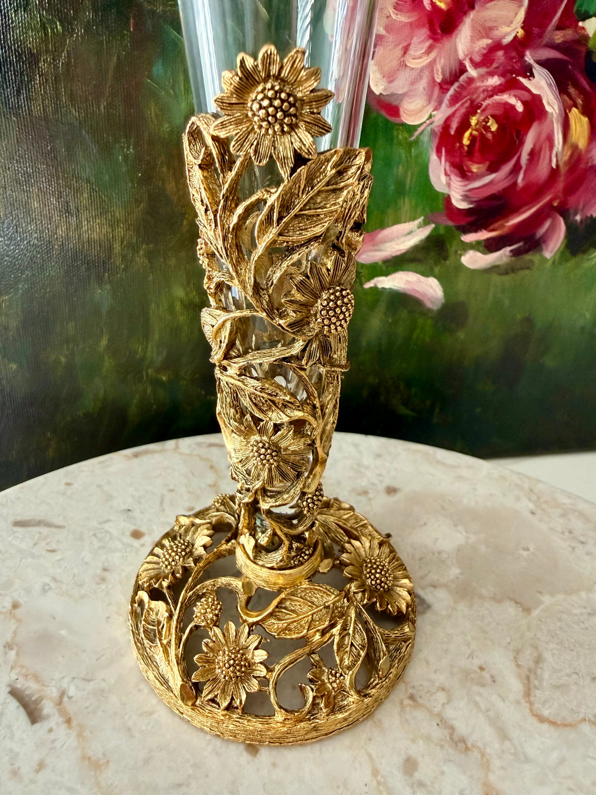 24k Vintage Matson Gold-plated Sunflower Brass Filigree Ormolu with Removable Glass Vase