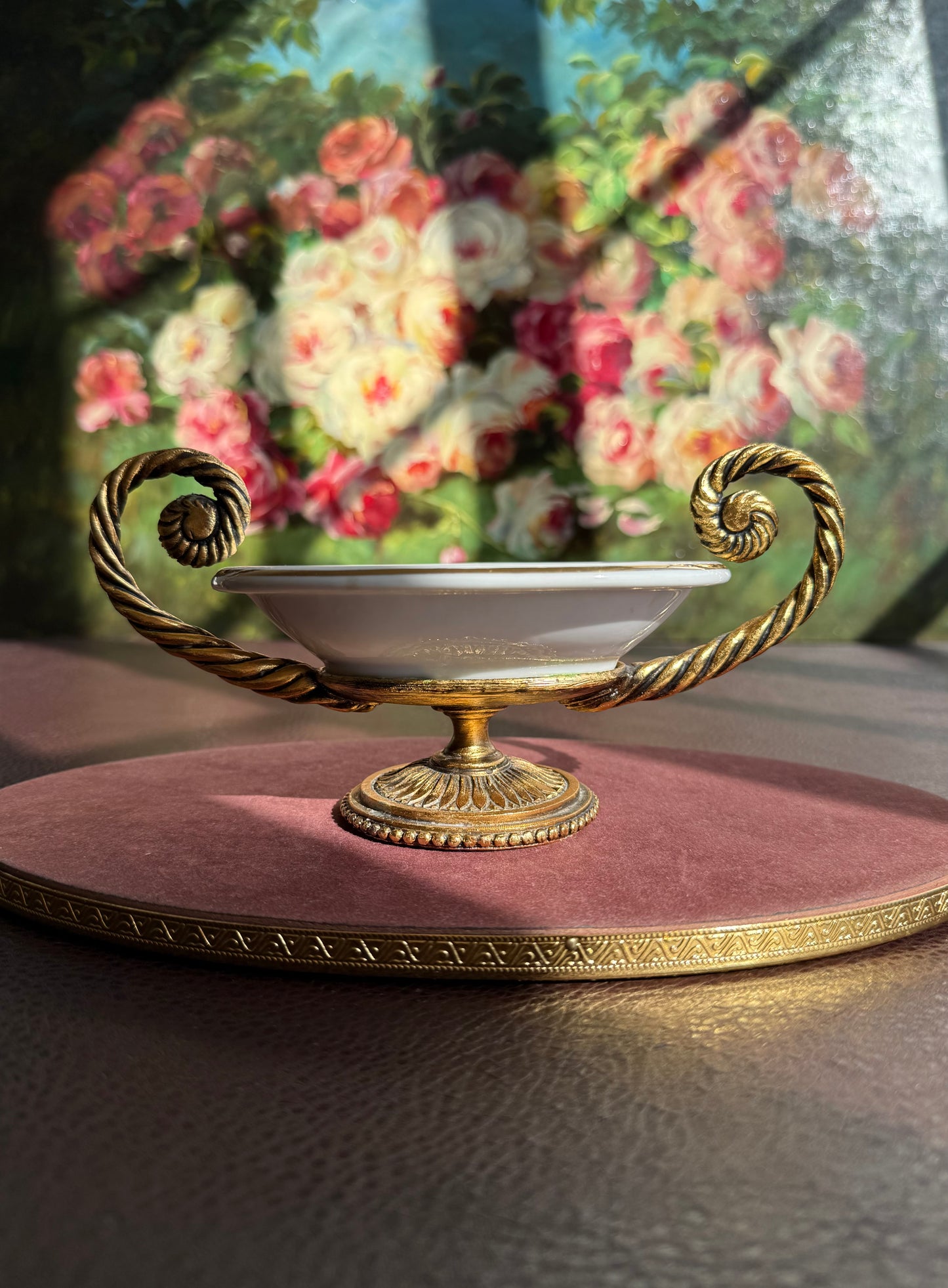 Vintage Victorian Style Porcelain Oval Soap Dish with Gilded Brass Handles