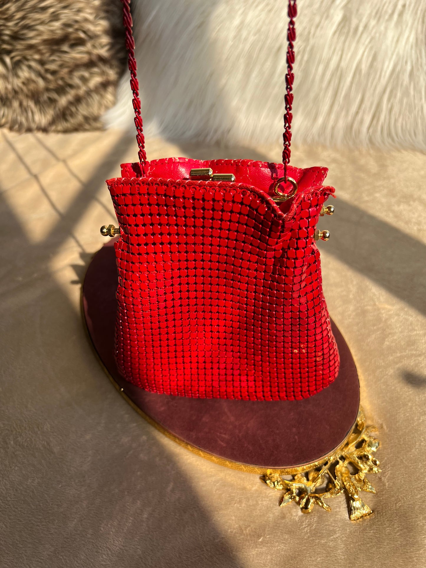 Red Mesh Metallic Vintage Evening Purse