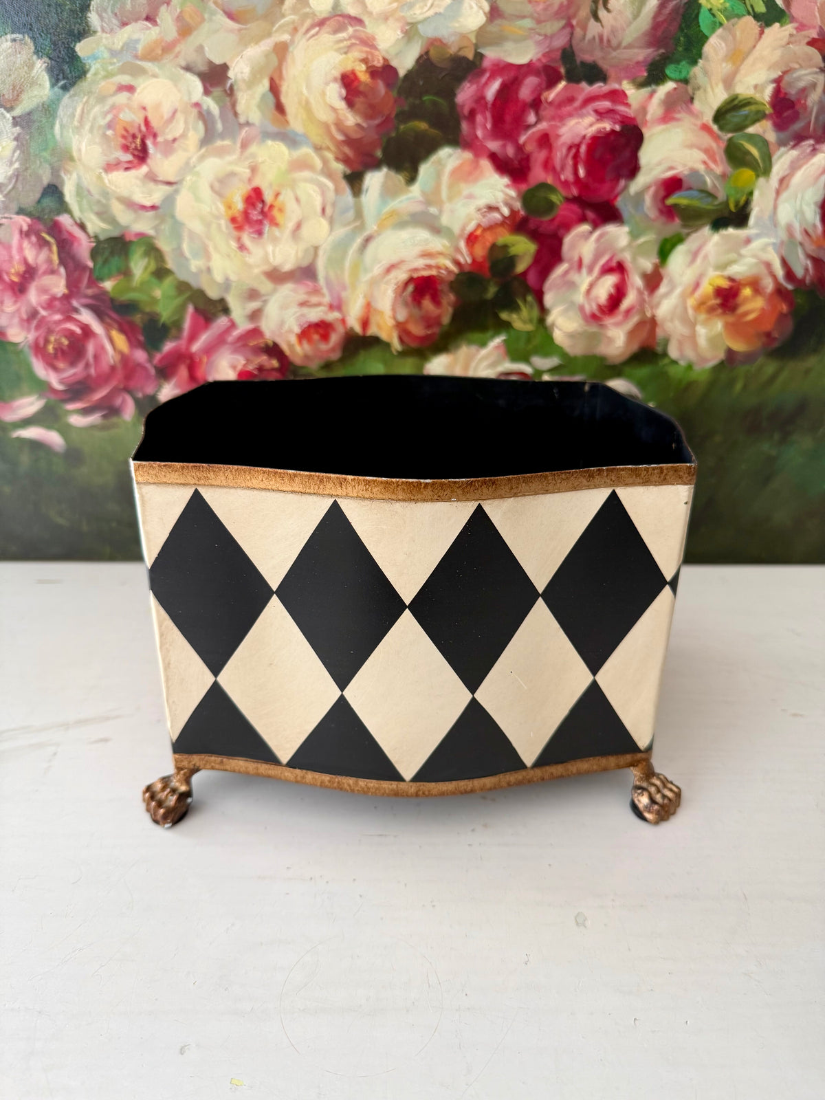 Vintage Hand-painted Metal Flower Pot/Planter with a Harlequin Pattern and Claw Feet