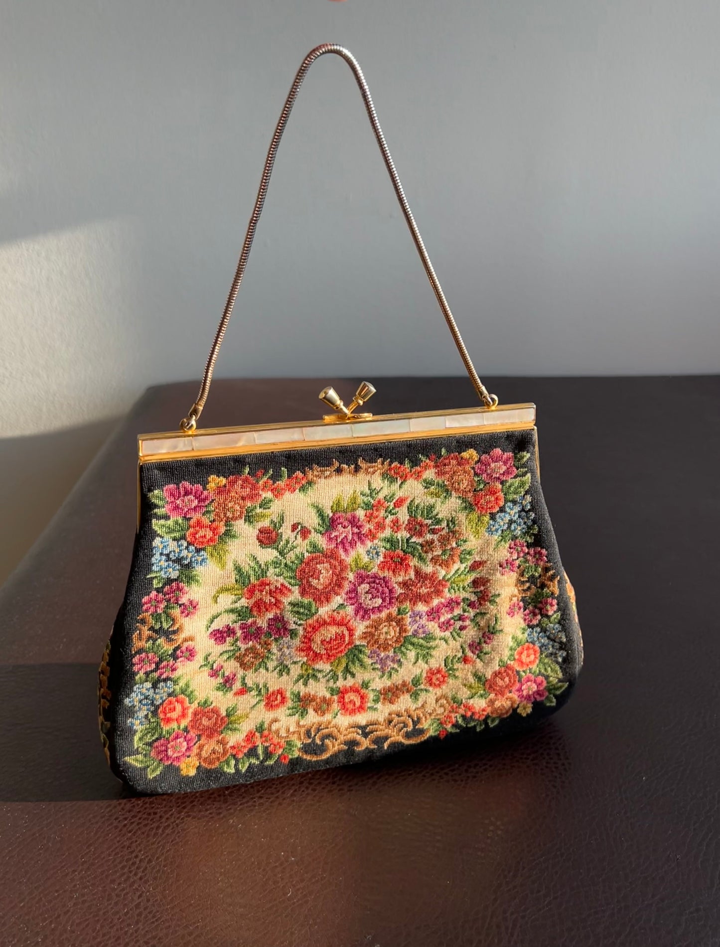 Tapestry Vintage Handbag/ Purse with Floral Rose Decoration and Mother of Pearl Edge, Burgundy Satin Inside