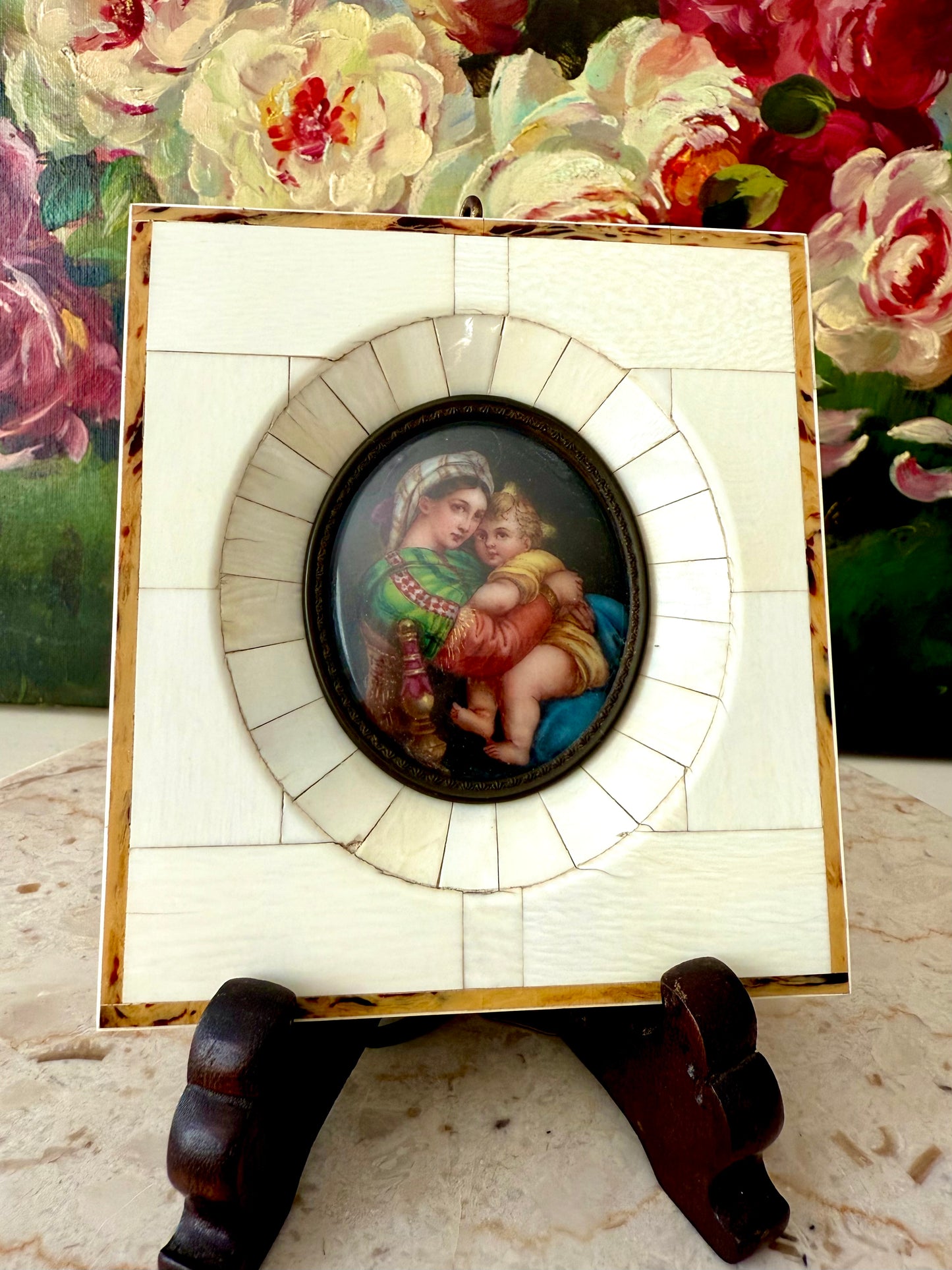 Antique Italian Miniature Porcelain Plaque Hand-painted Madonna and Child in Bone Frame