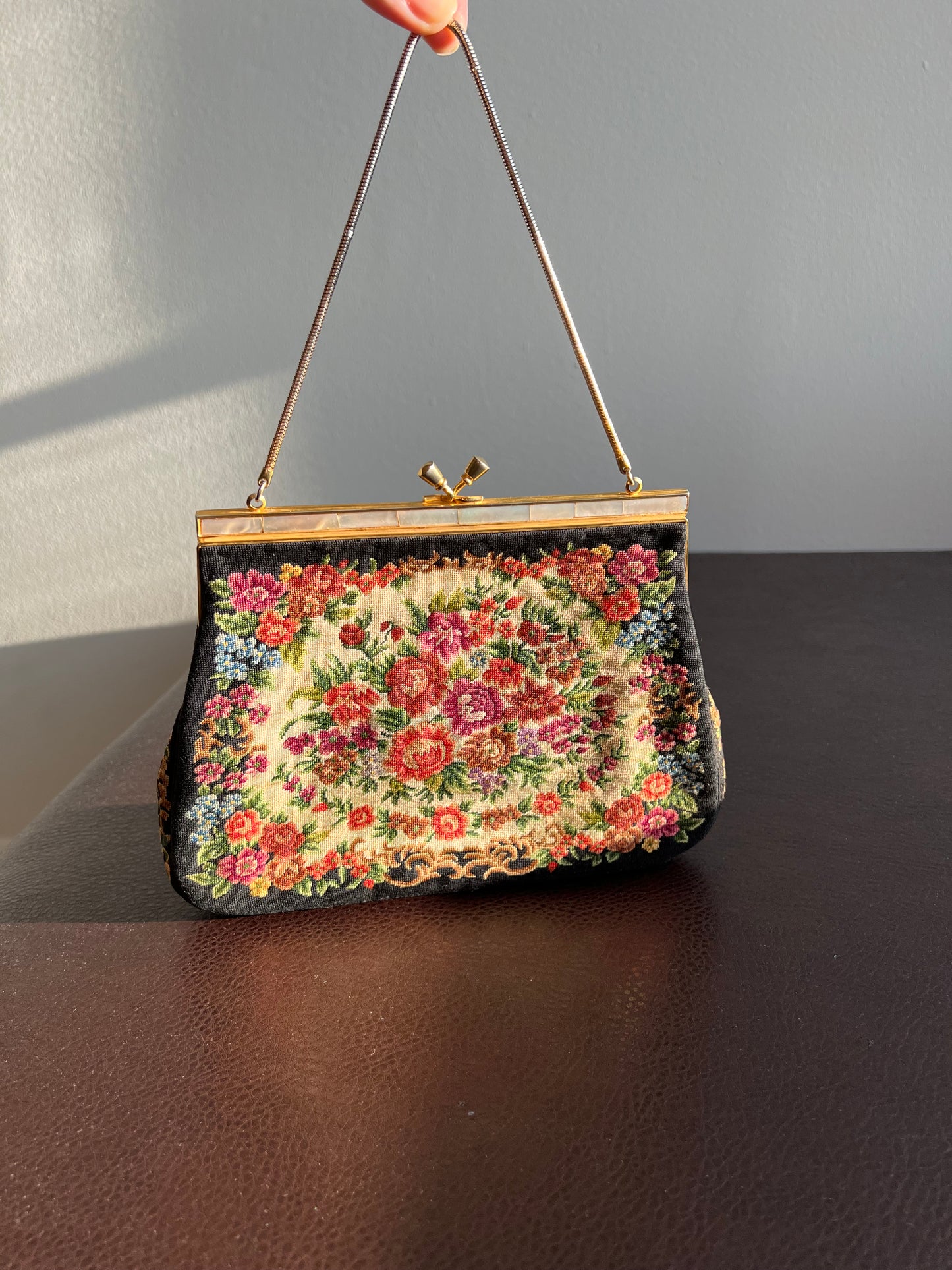 Tapestry Vintage Handbag/ Purse with Floral Rose Decoration and Mother of Pearl Edge, Burgundy Satin Inside