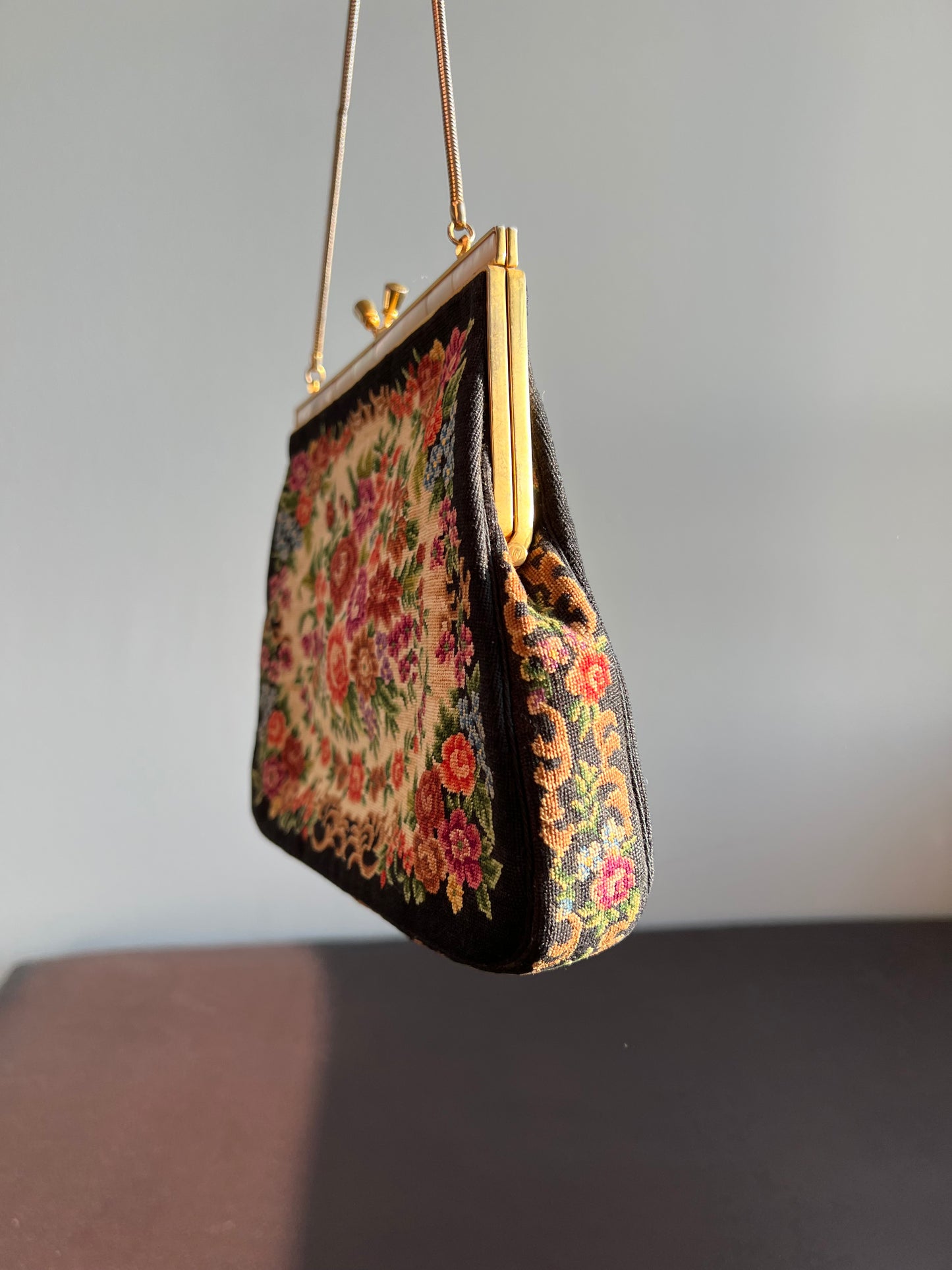 Tapestry Vintage Handbag/ Purse with Floral Rose Decoration and Mother of Pearl Edge, Burgundy Satin Inside