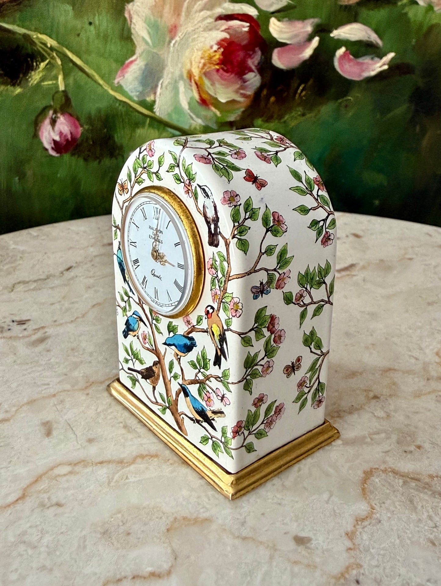 Halcyon Days Vintage Enamel Table Clock with Hand-painted Birds and Flowers Design