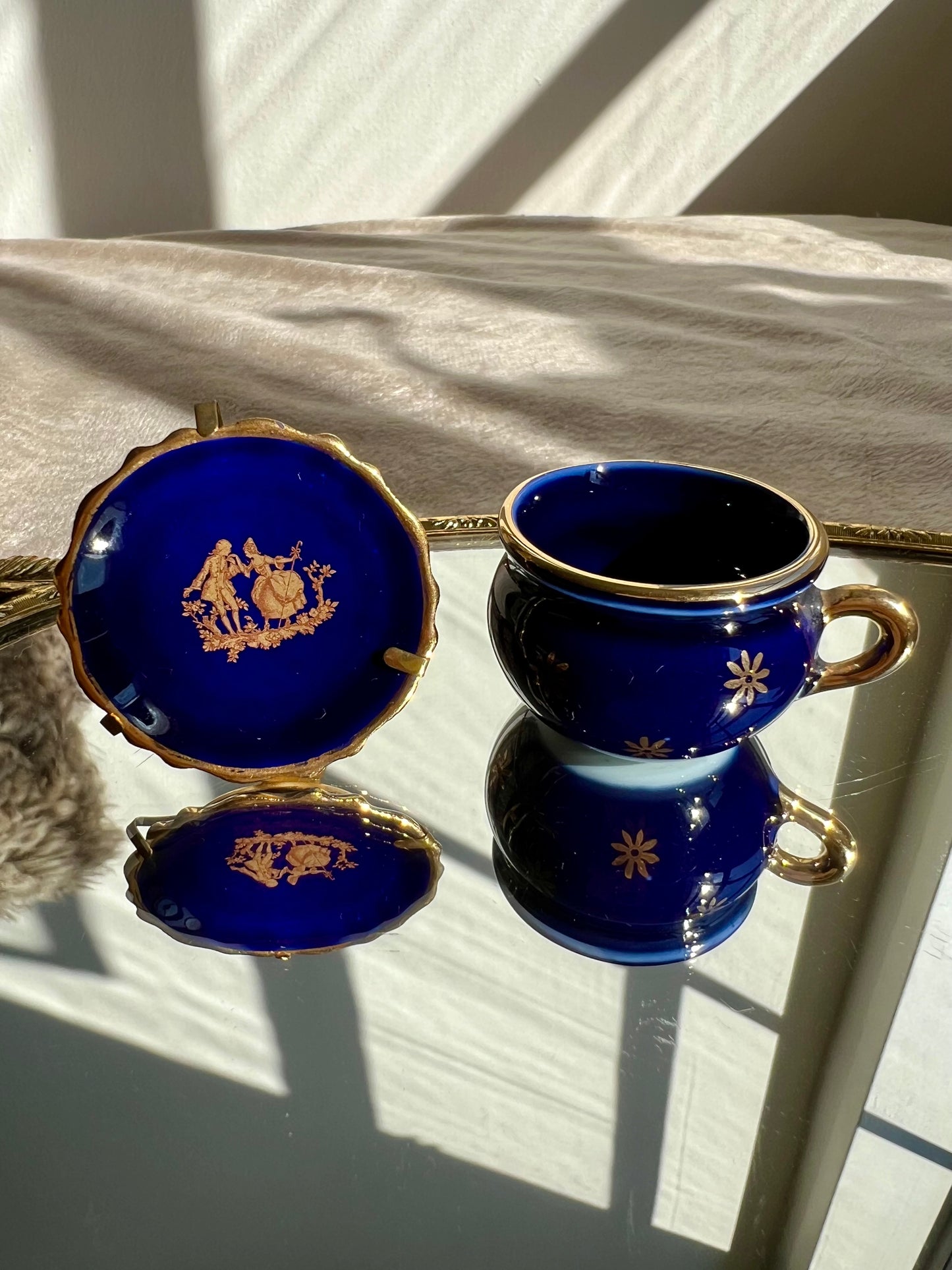 Gold Patterned Cobalt Blue Miniature Limoges Porcelain Plate & Bowl