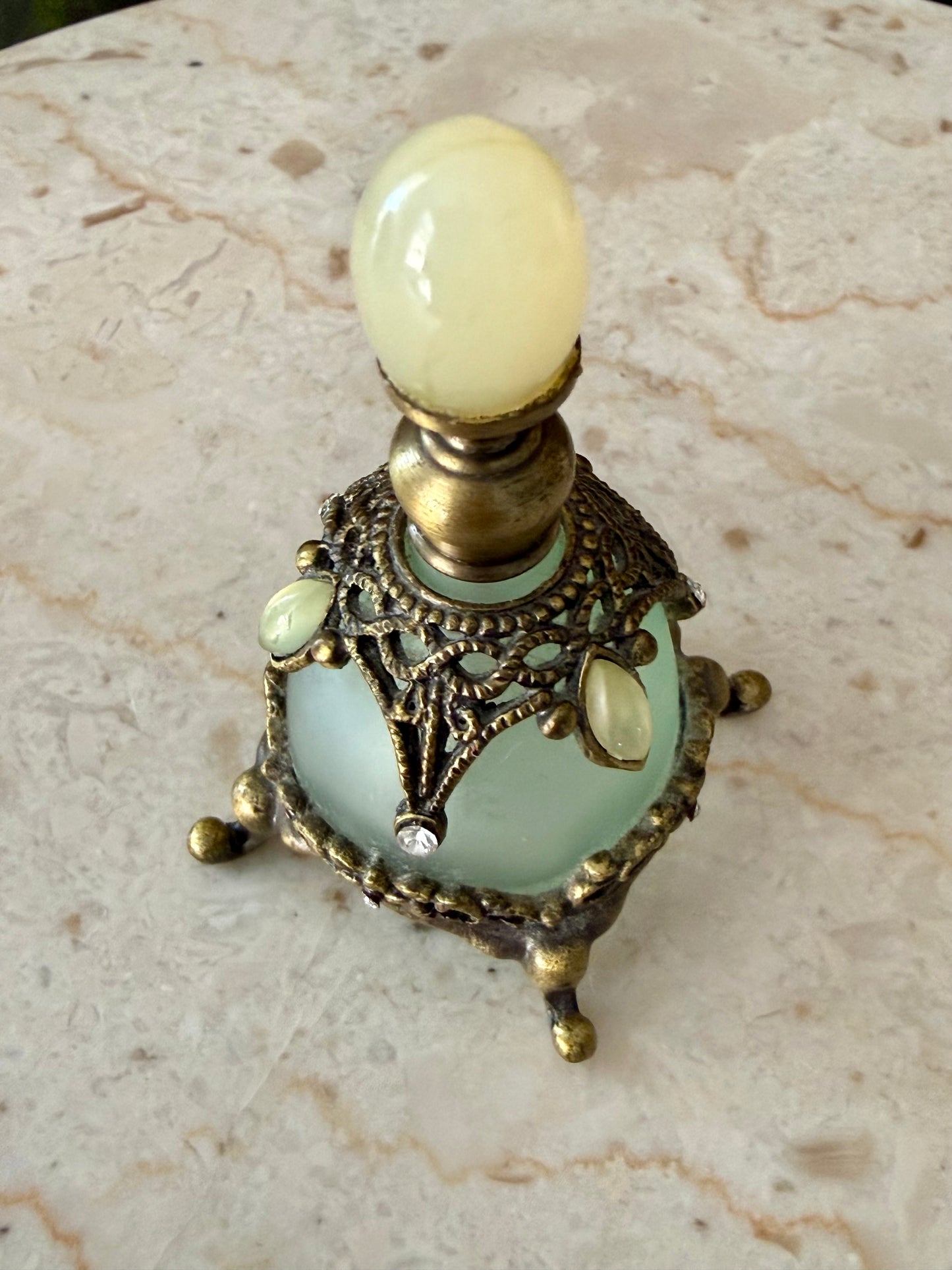 Vintage Frosted Green Glass Perfume Bottle Decorated with Rhinestones and Gemstones - Empty