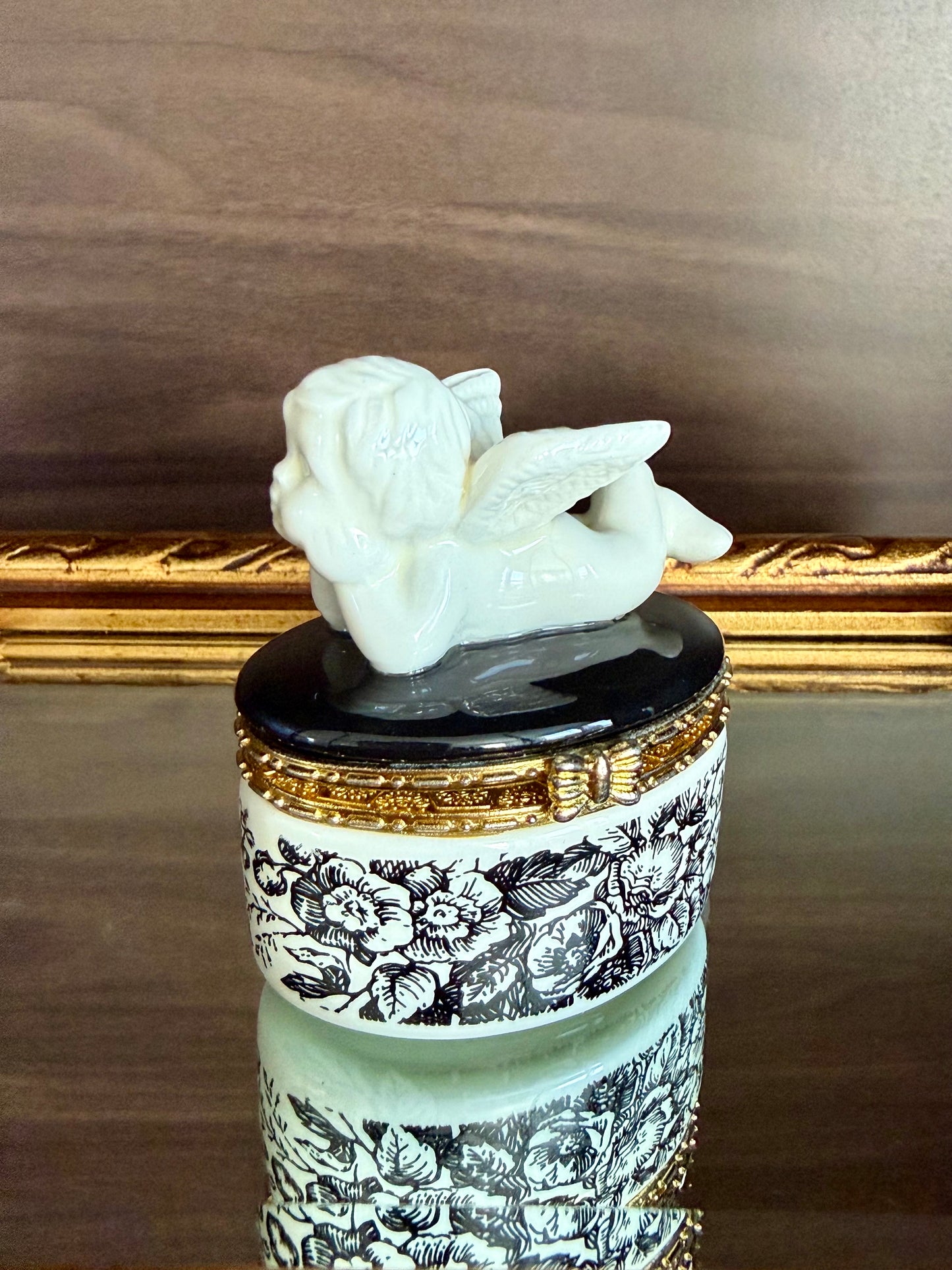 Angel Cherub Black and White Porcelain Vintage Mini Hinged Jewelry, Pill or Trinket Box