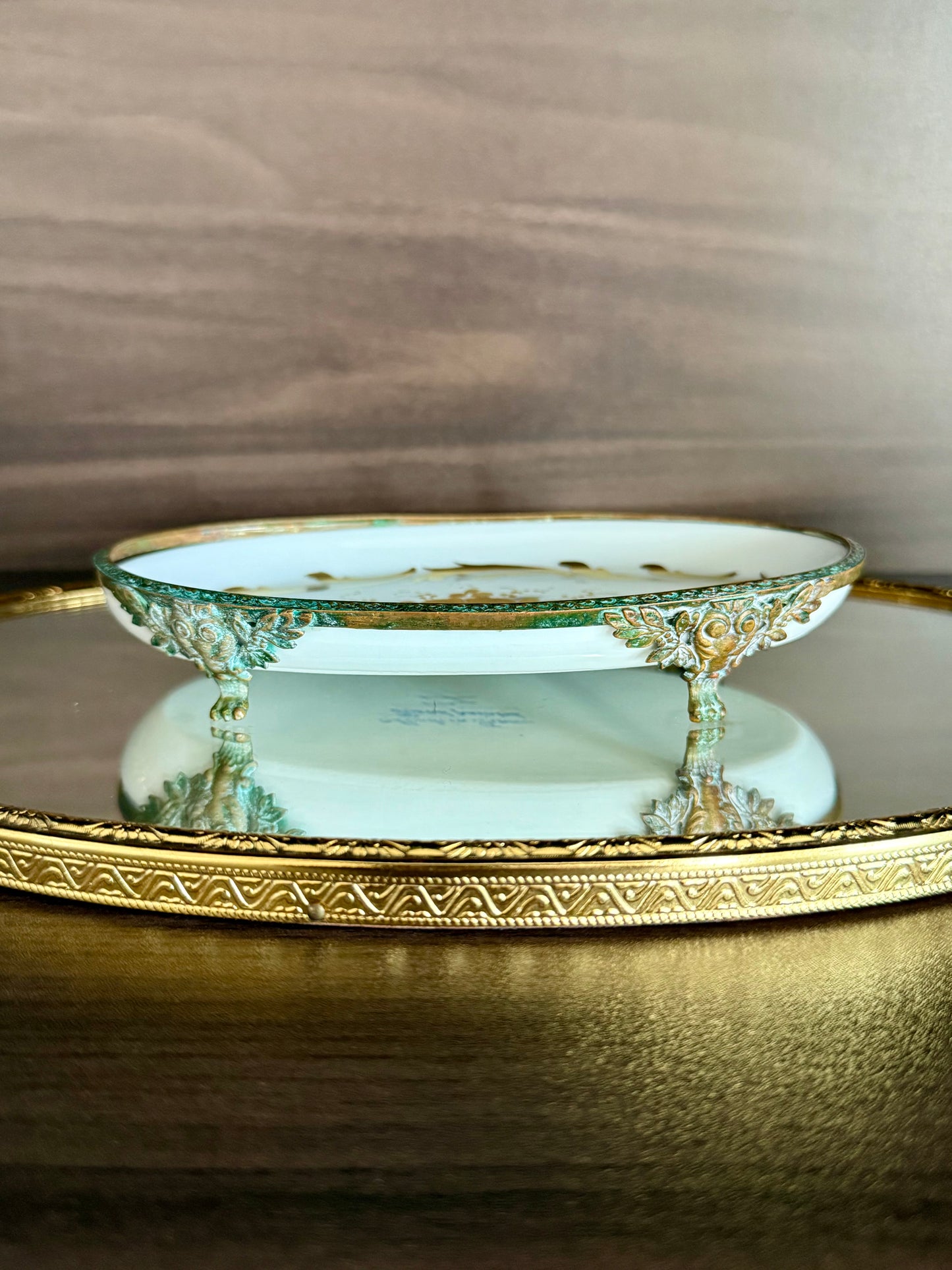 Antique Sévres Style Brass Footed and Hand-painted Oval Porcelain Decorative Soap Dish - Made in France