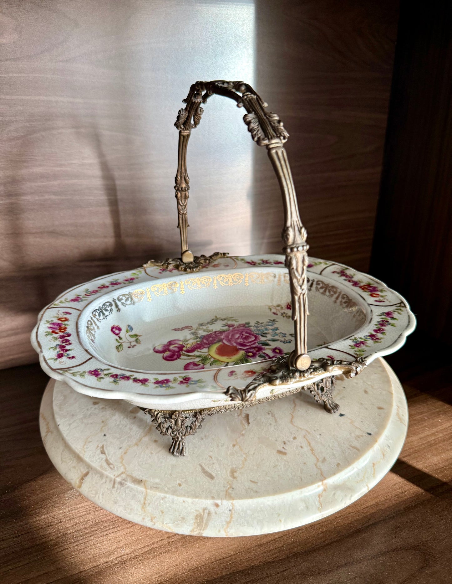 Porcelain Oval Crackle Glazed Vintage Basket Serving Dish with Decorative Bronze Handle, Floral Design and four Legs