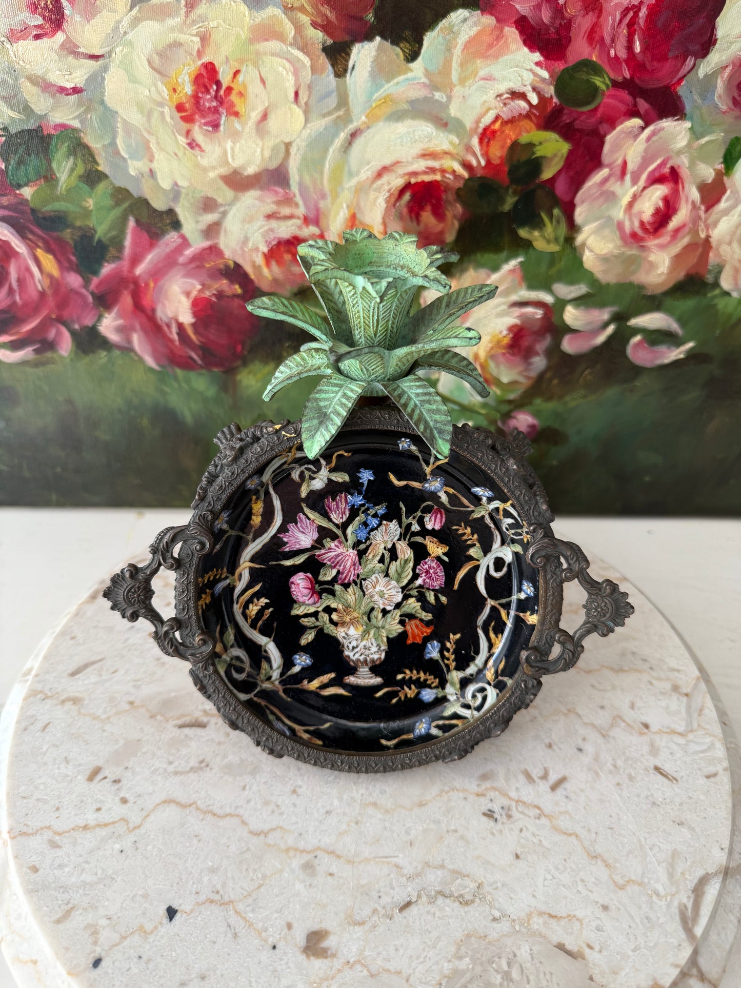 Antique Porcelain Chinese Hua Rong Tang Zhi Bronze Footed, Enameled Hand-Painted Flowers Trinket or Soap Dish, Ornate Tray