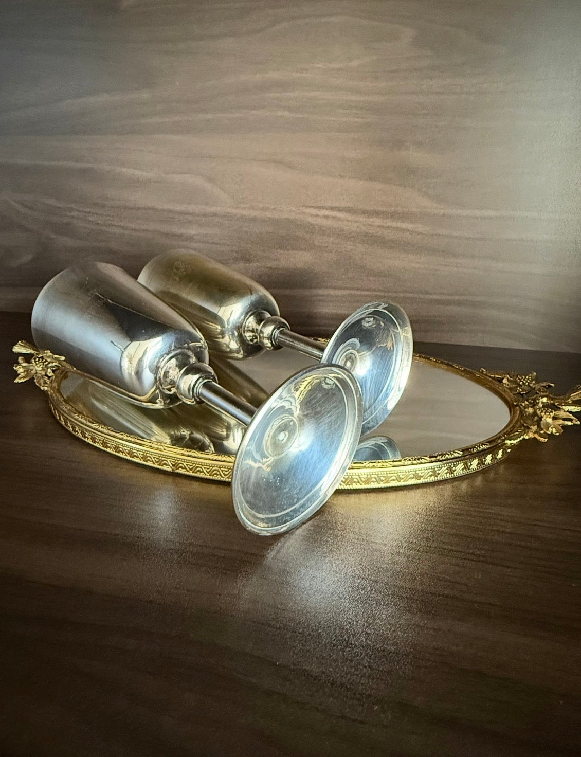 A Pair of Vintage Silver-Plated Wine Glasses with Long Stems and Slightly Flared Tops - these from the estate of Hollywood actor, writer, director, and producer Howard Storm