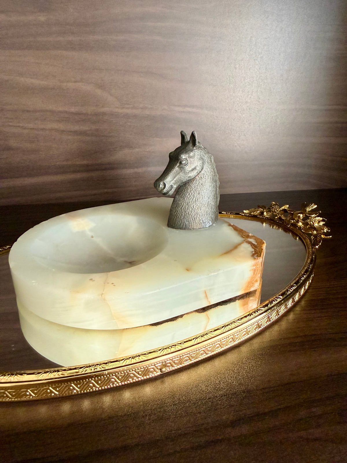 Antique Art Deco Style Bronze Horse Head Statue on Marbel or Green Onyx Ashtray