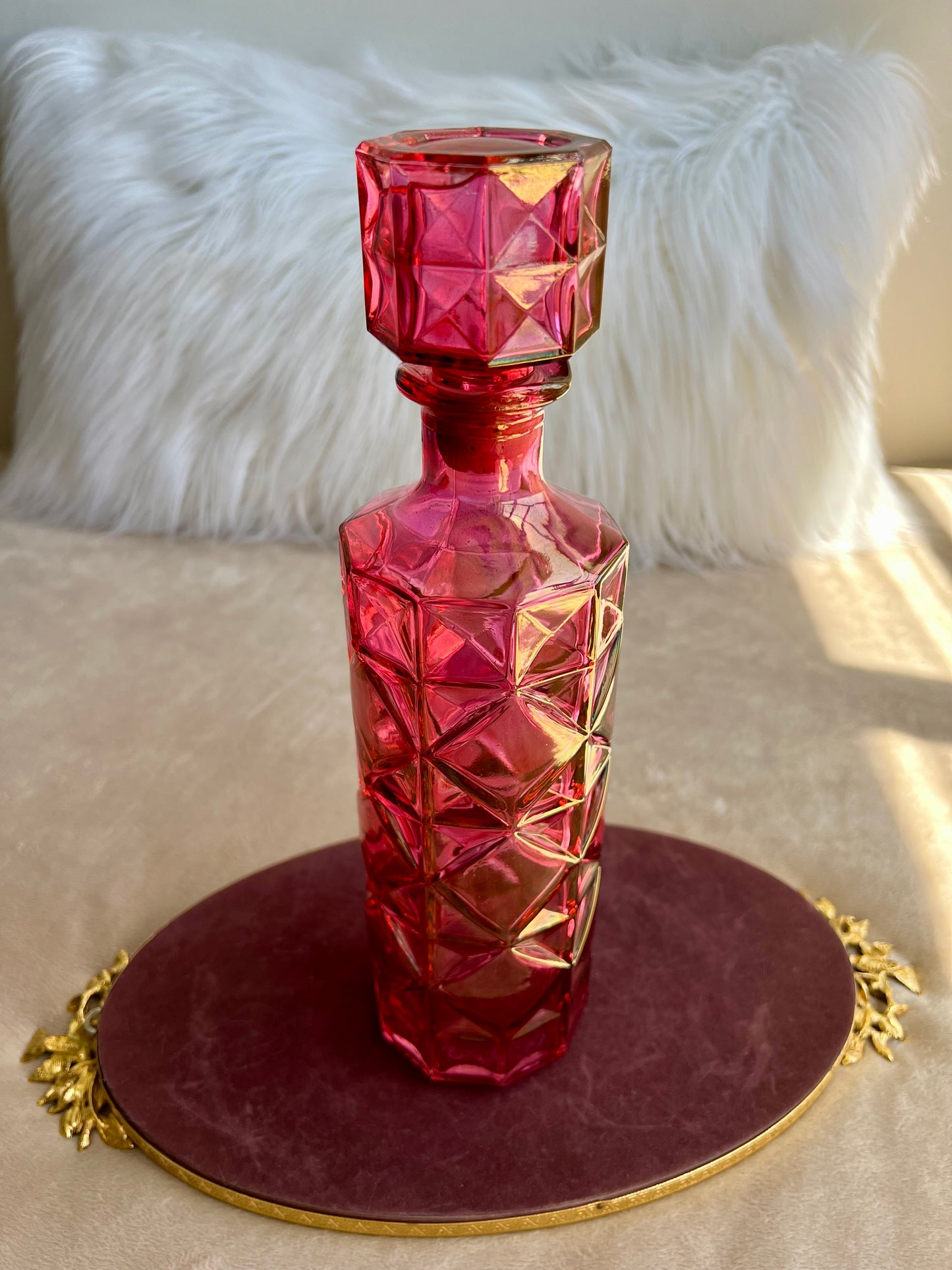 Vintage Pink Diamond Pressed Glass Liquor Bottle Decanter With Stopper